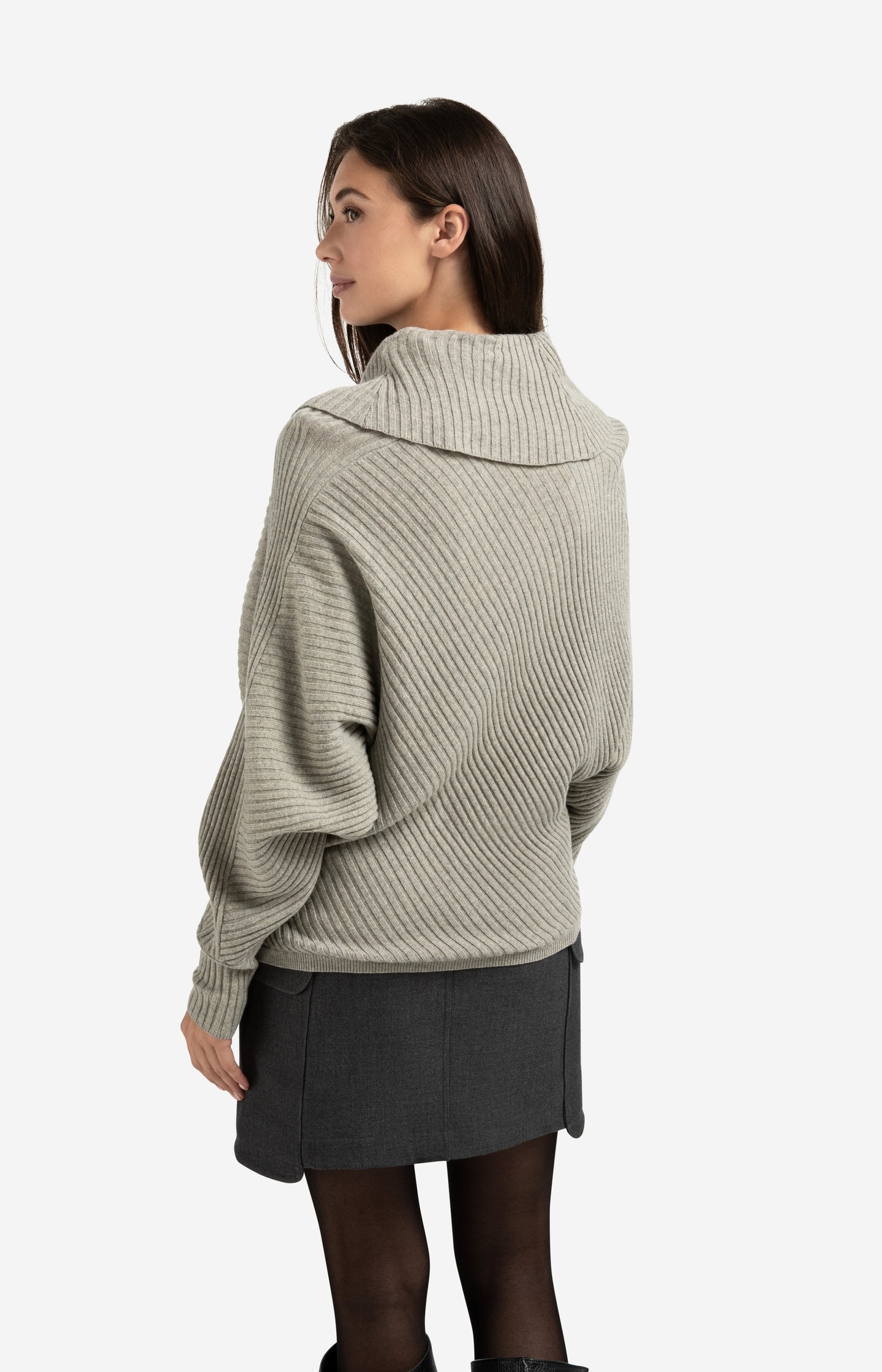 Ribbed sweater with batwing sleeves and high collar
