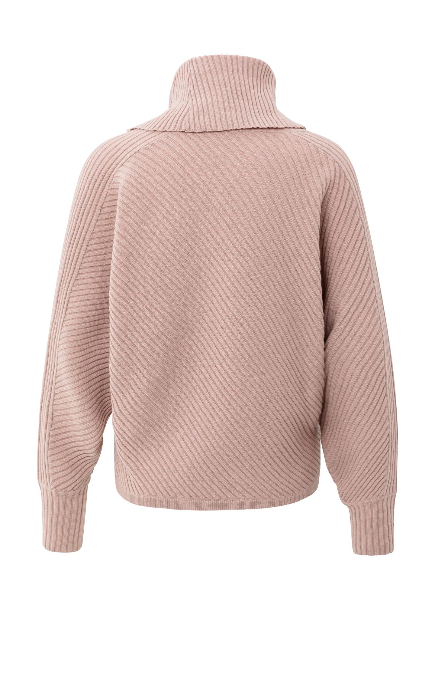 Ribbed sweater with batwing sleeves and high collar
