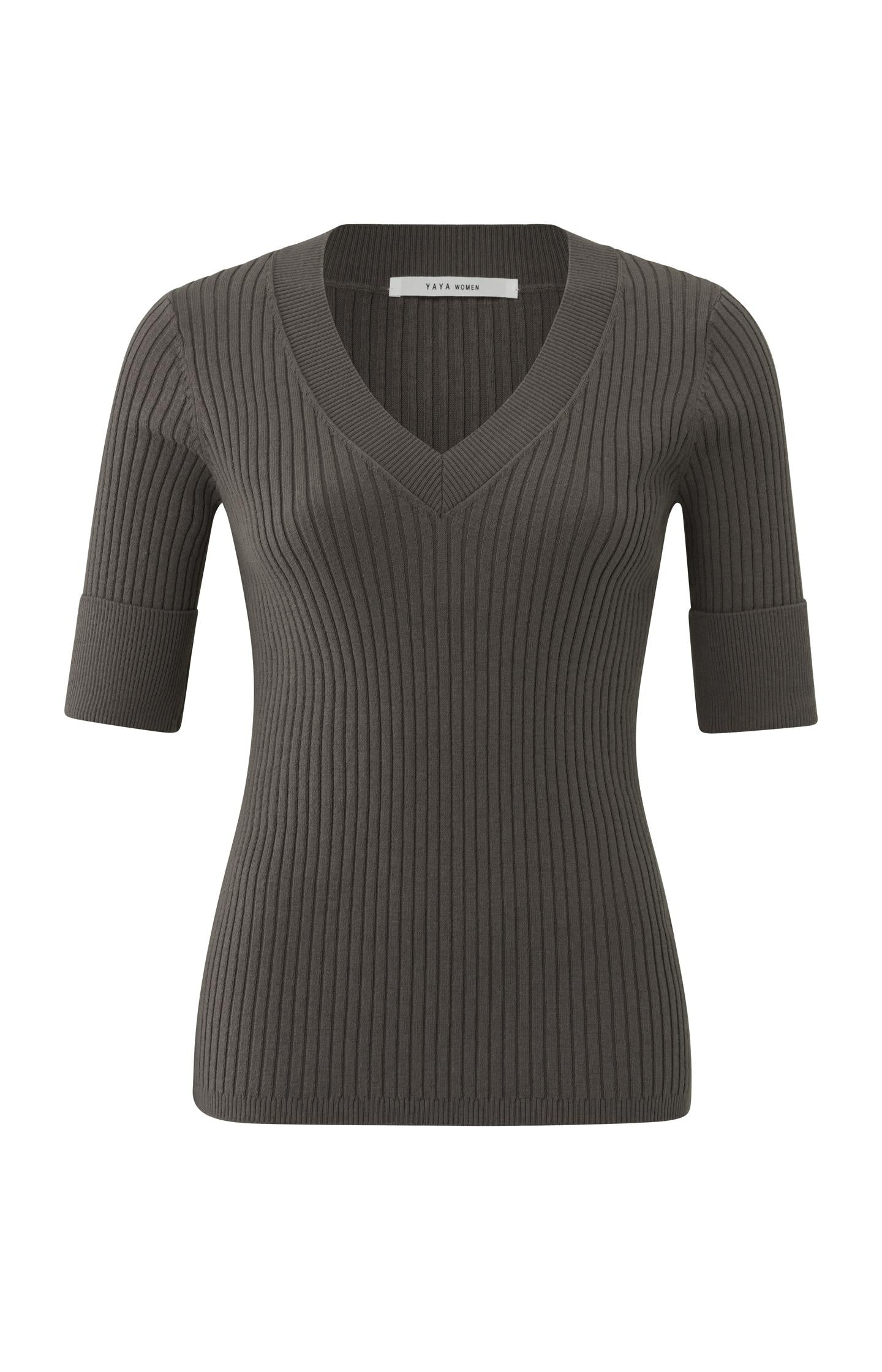 Ribbed sweater with V-neck and half long sleeves - Type: product