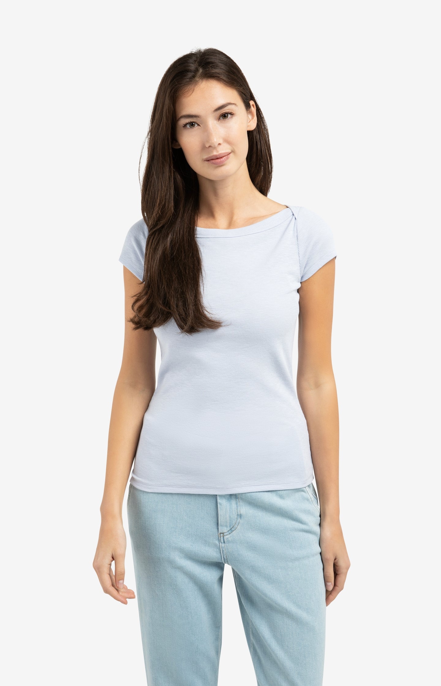 Ribbed top with boatneck and short sleeves