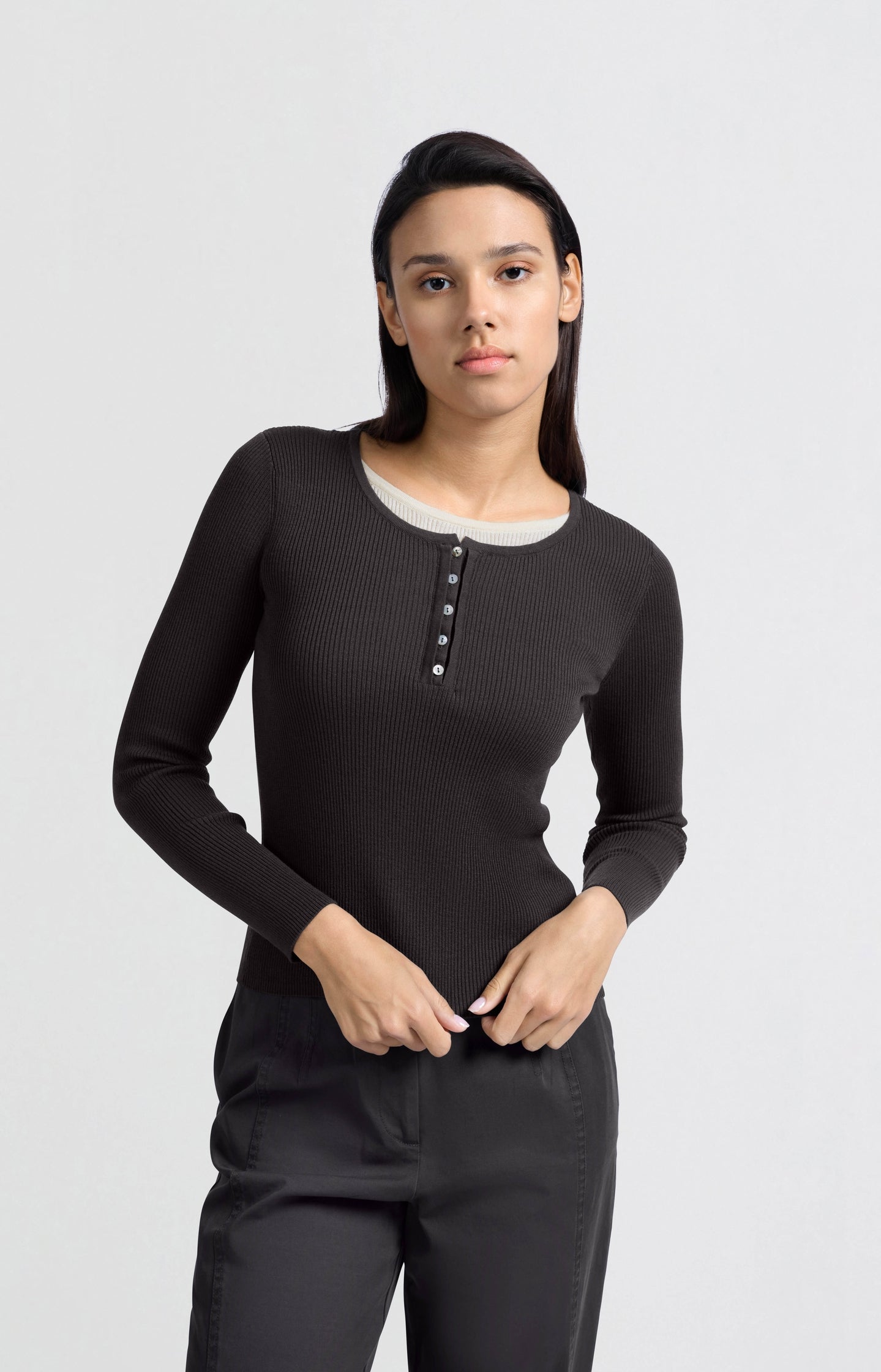 Ribbed top with button placket and faux-layered look