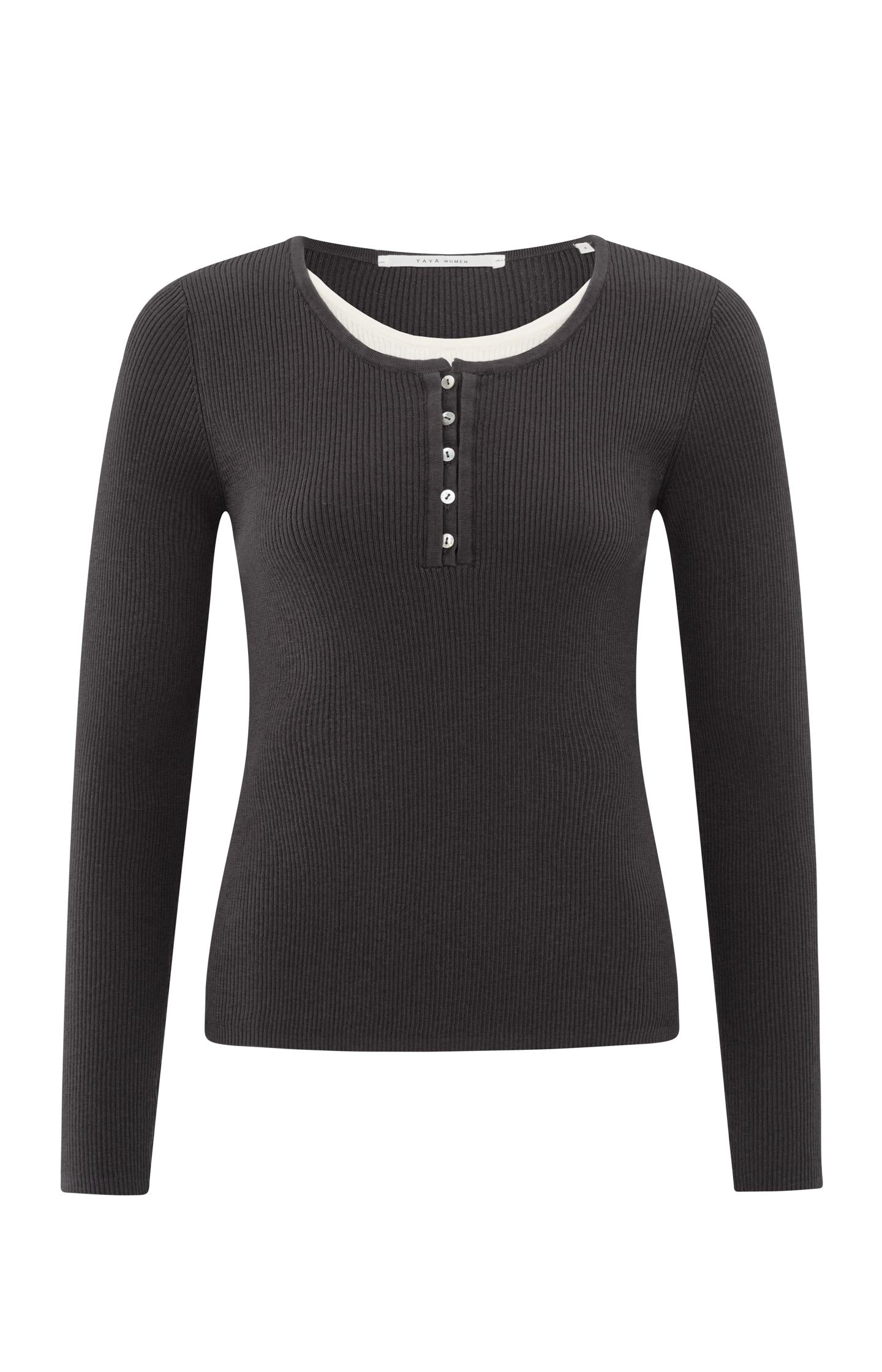 Ribbed top with button placket and faux-layered look - Type: product