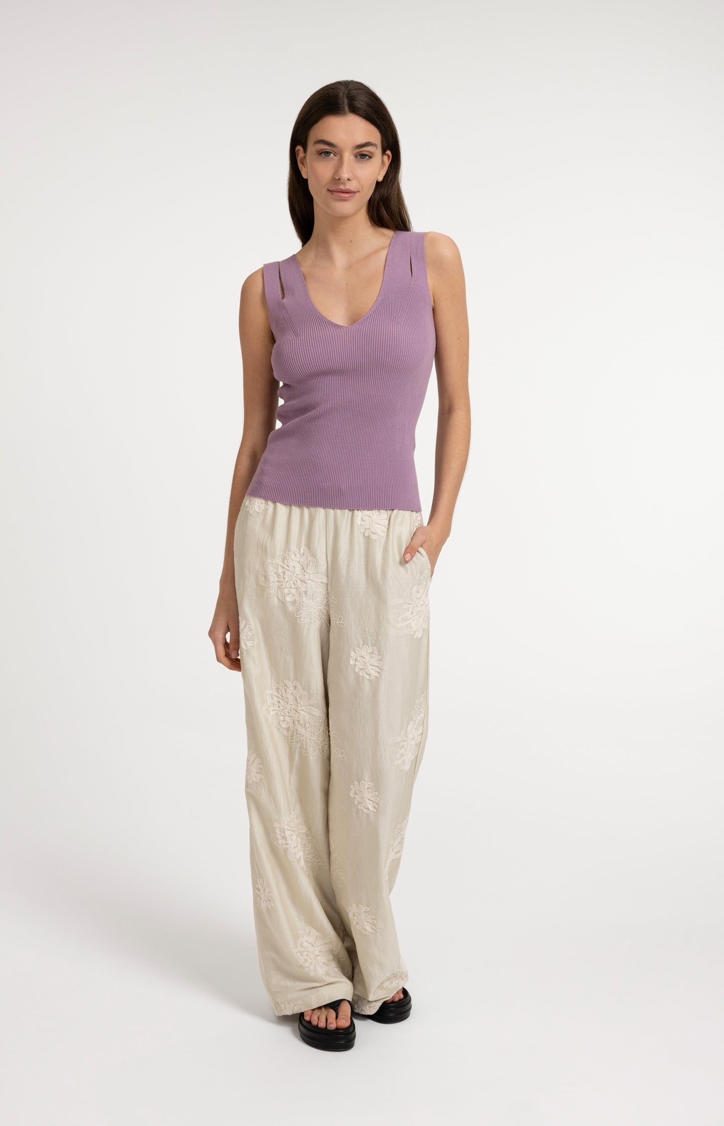 Ribbed top with V-neck and shoulder details