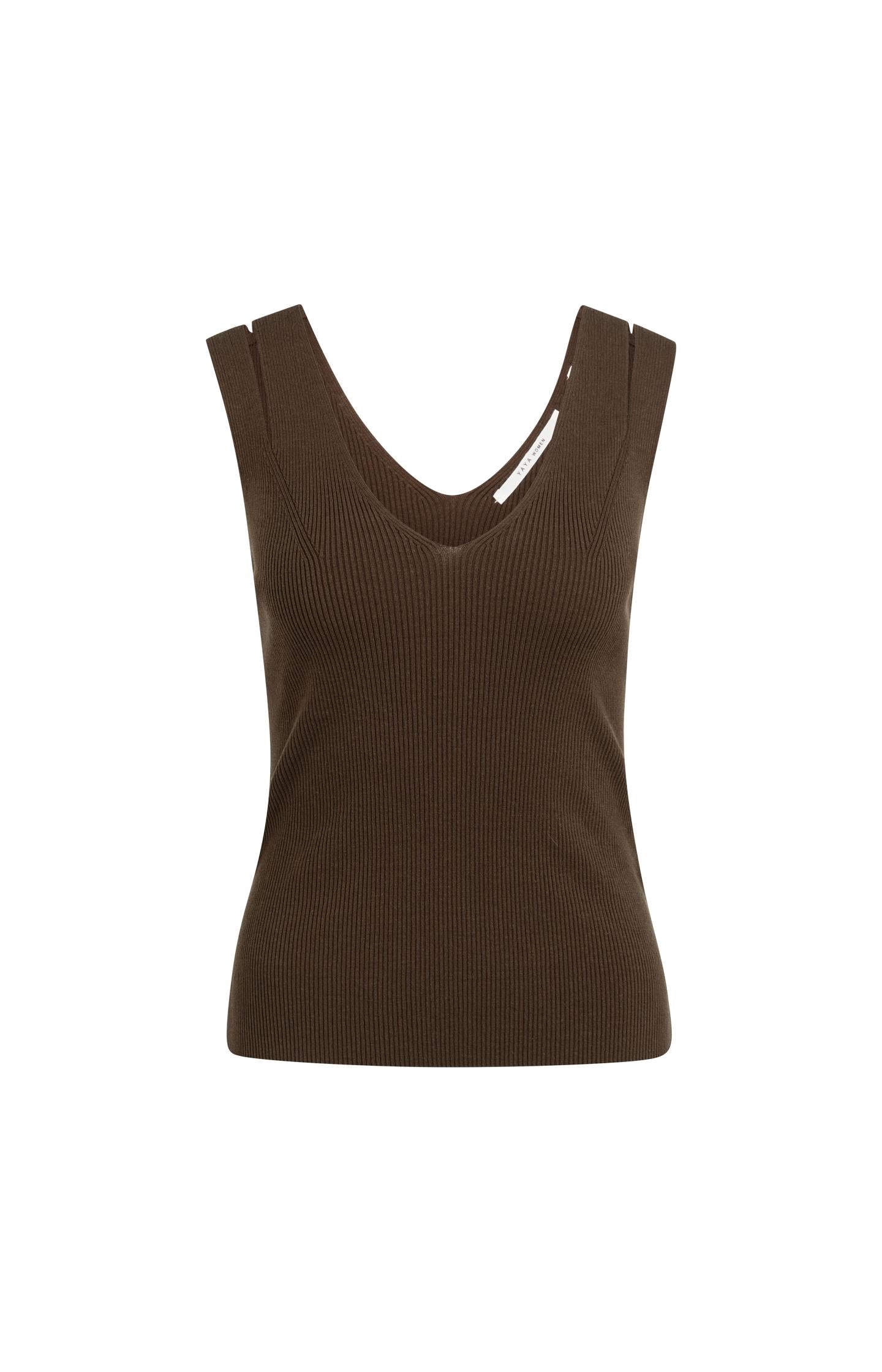 Ribbed top with V-neck and shoulder details