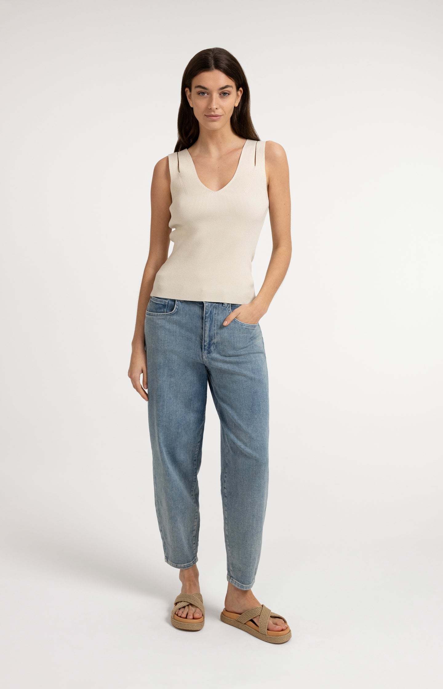 Ribbed top with V-neck and shoulder details