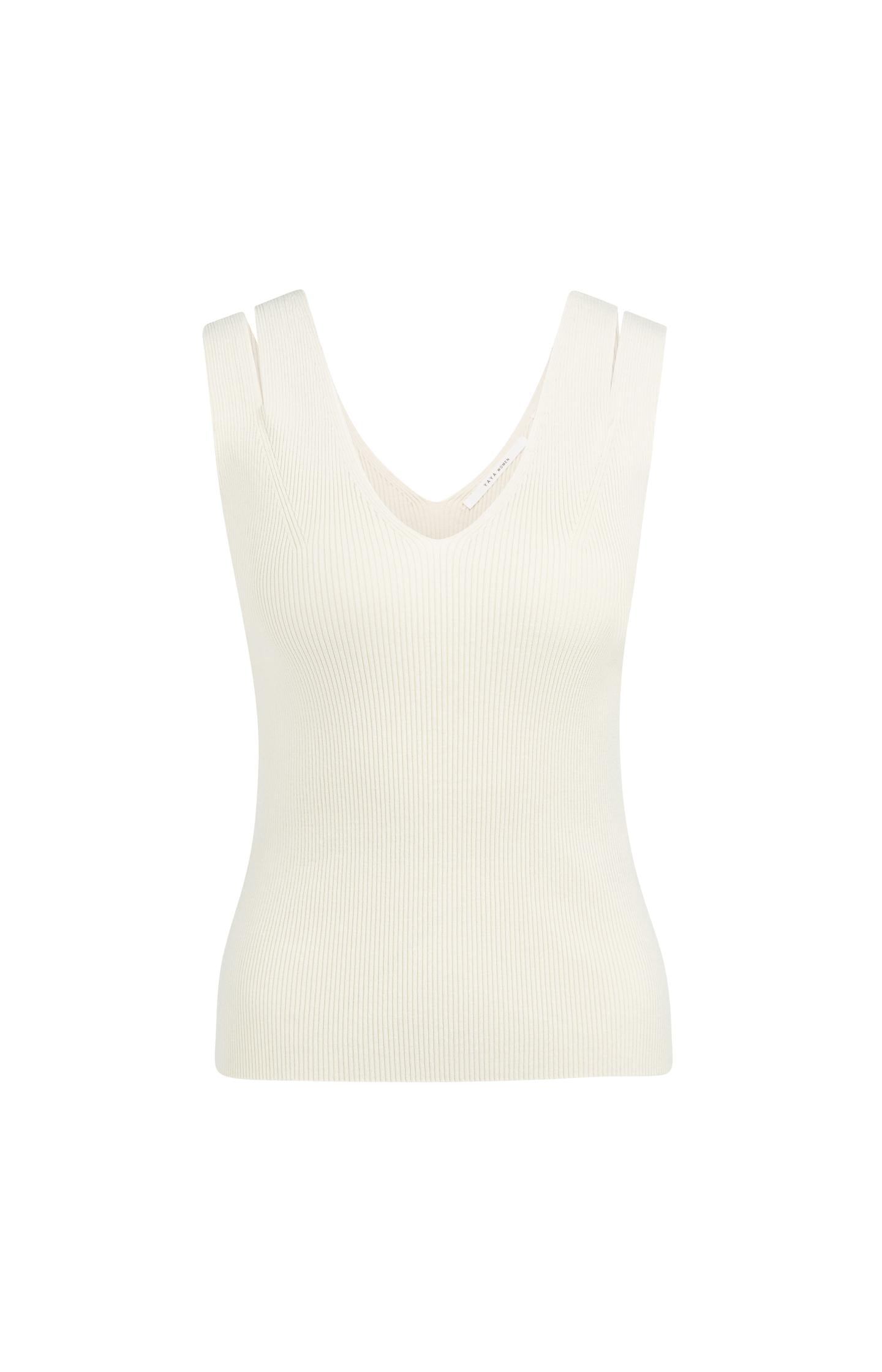 Ribbed top with V-neck and shoulder details