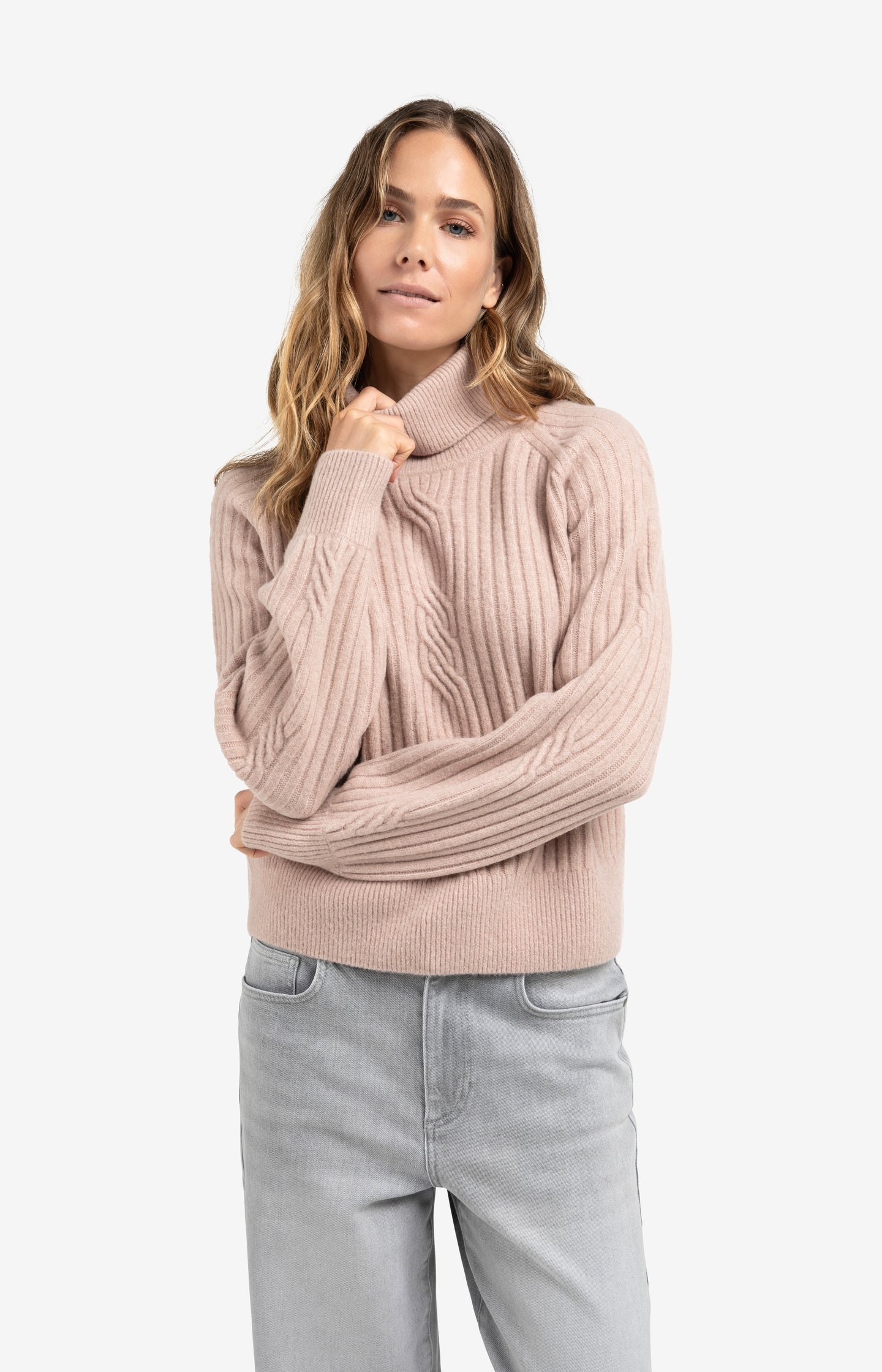 Ribbed turtleneck sweater with cable detail and long sleeves