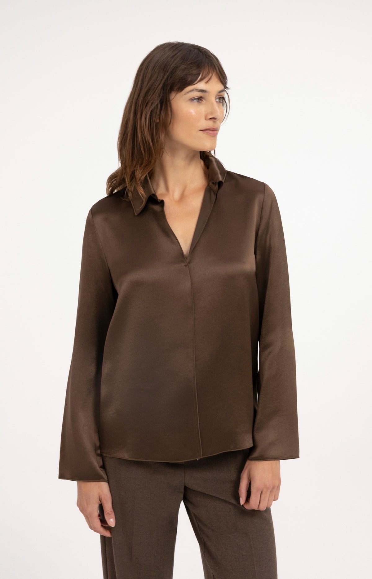 Blouse van satijn met kraag - Cocoa Brown
