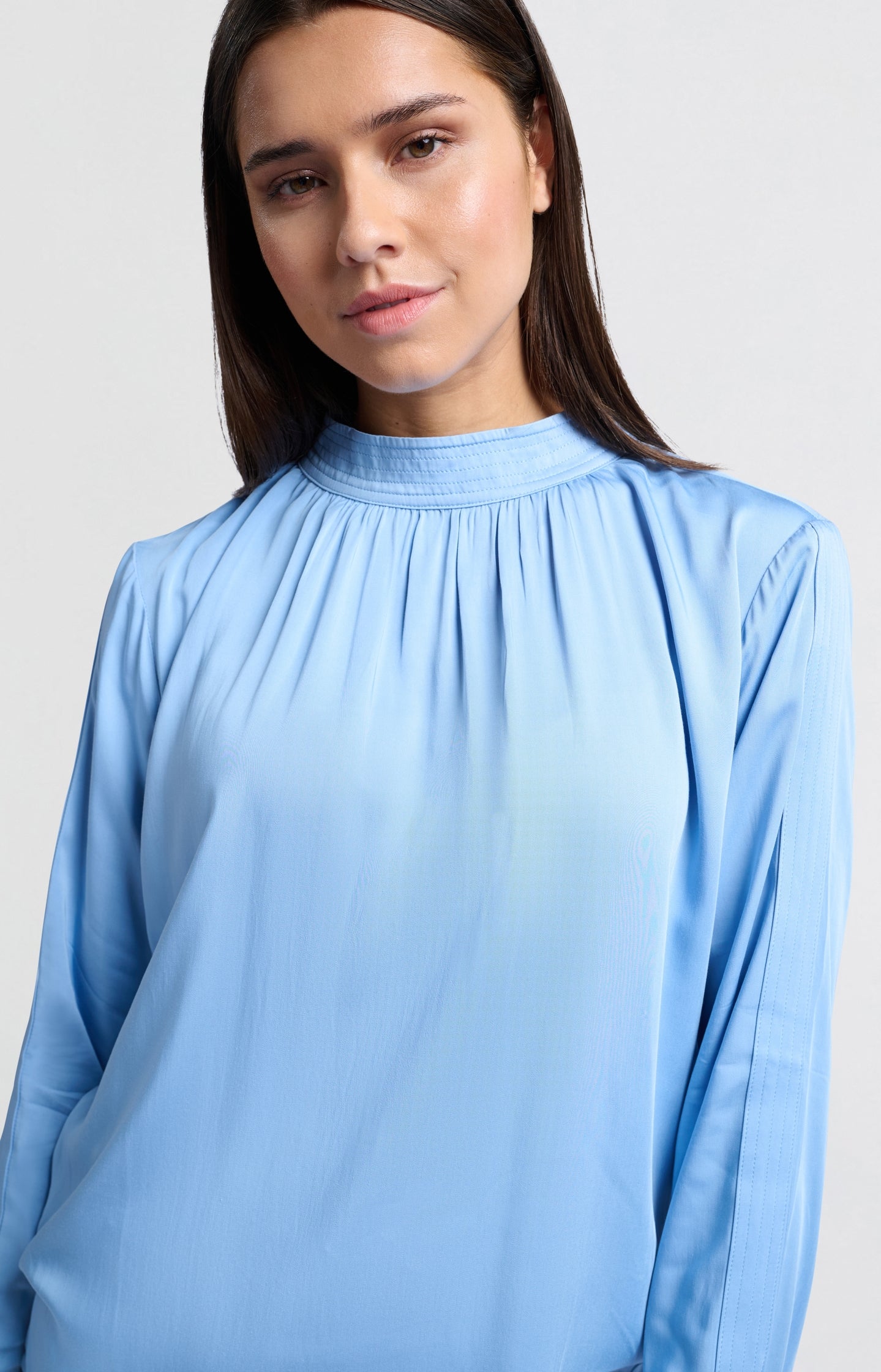 Satin blouse with long sleeves, pleat detail and high neck - Type: lookbook