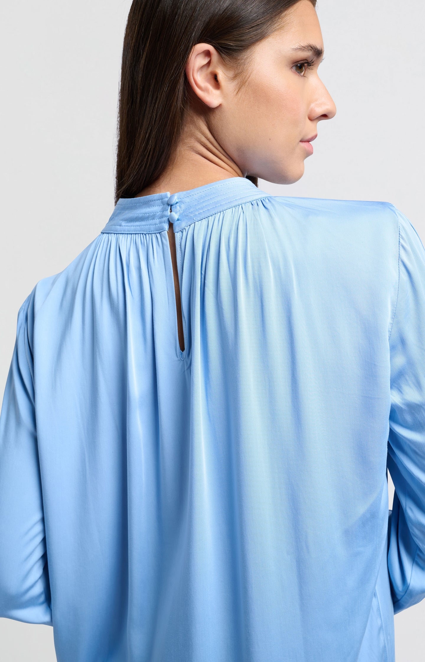 Satin blouse with long sleeves pleat detail and high neck