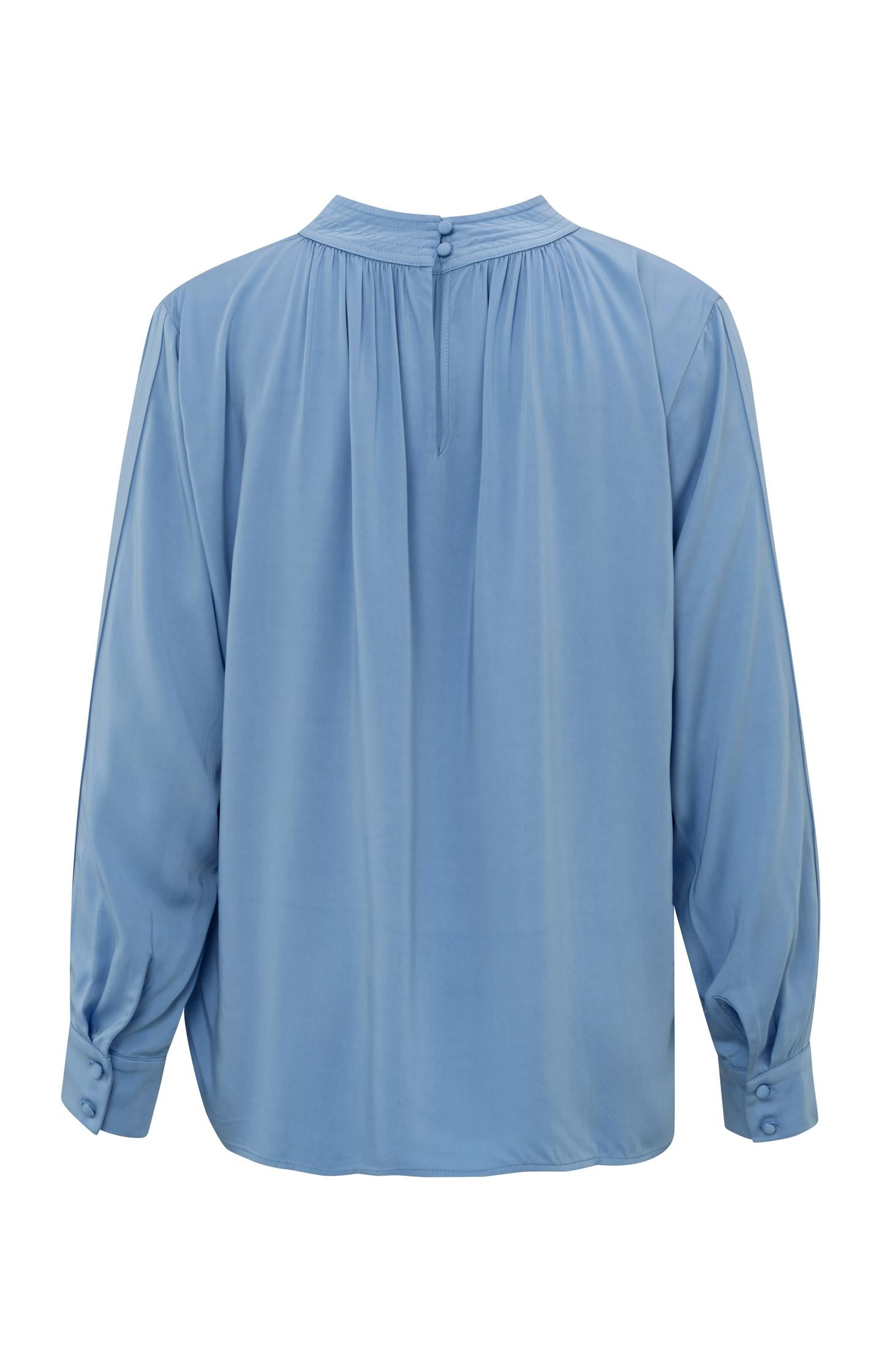 Satin blouse with long sleeves, pleat detail and high neck