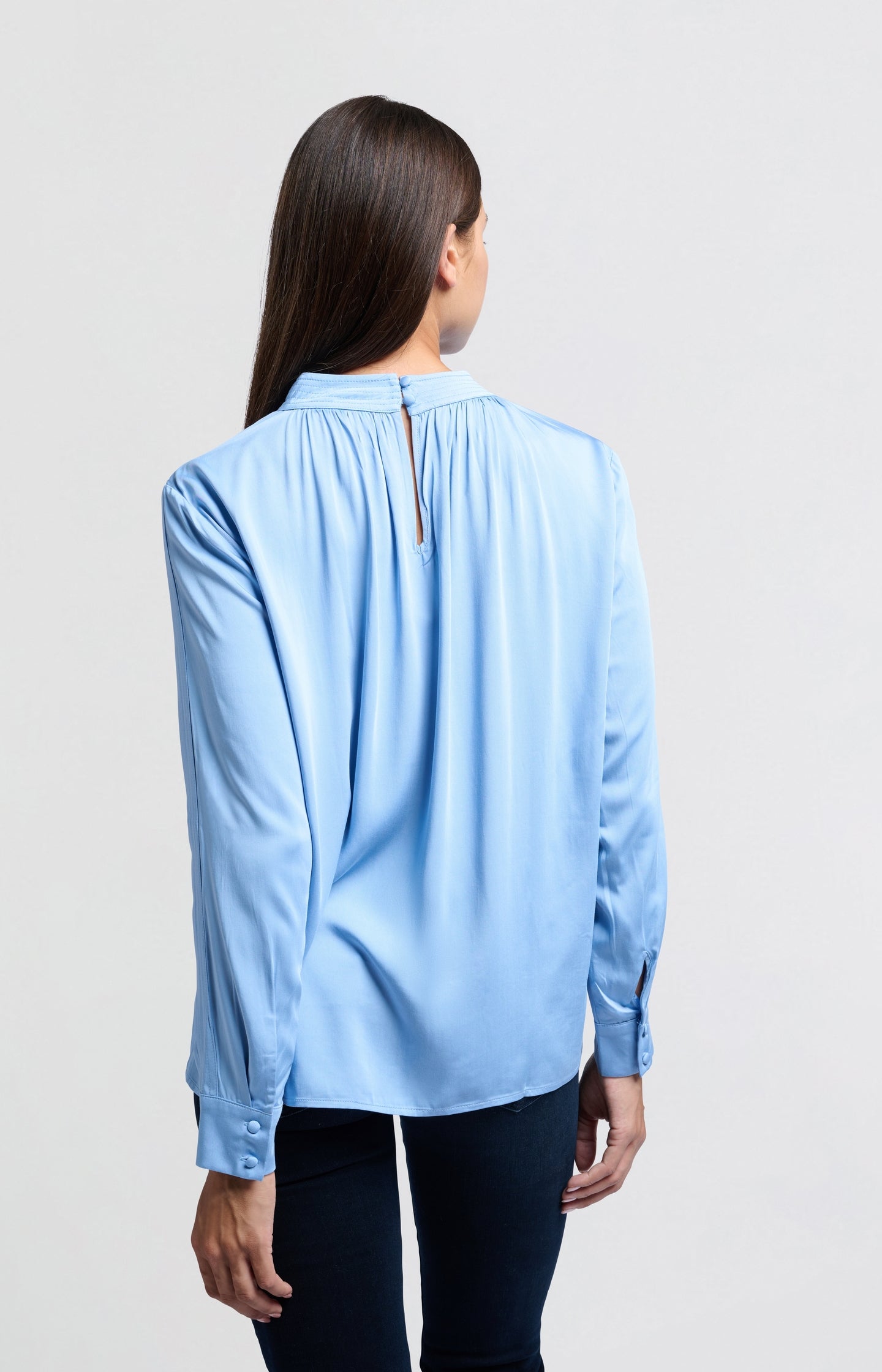 Satin blouse with long sleeves, pleat detail and high neck