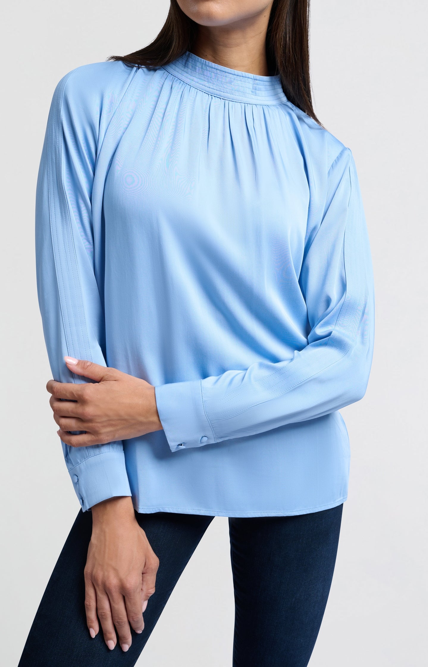 Satin blouse with long sleeves, pleat detail and high neck