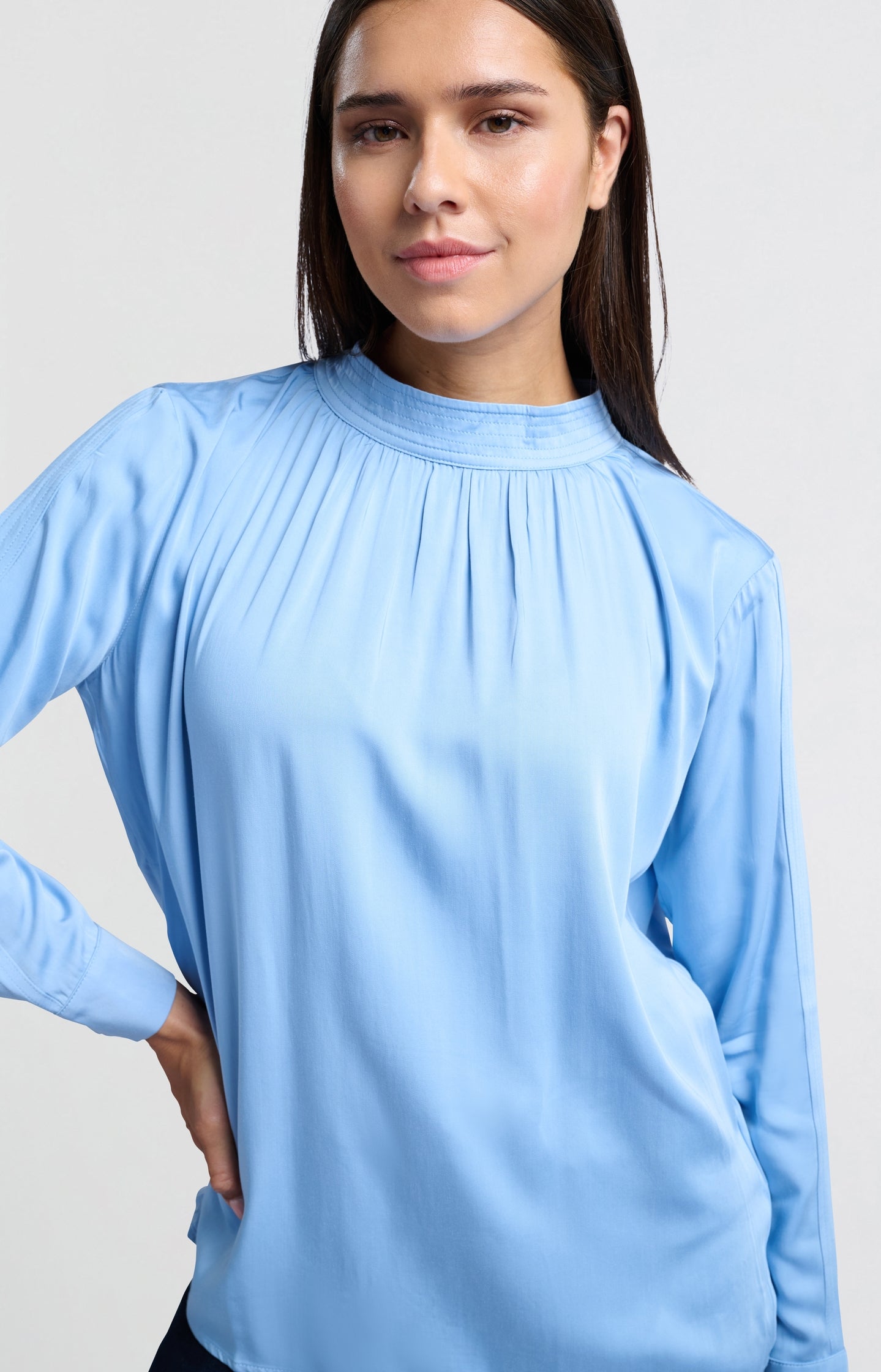 Satin blouse with long sleeves pleat detail and high neck