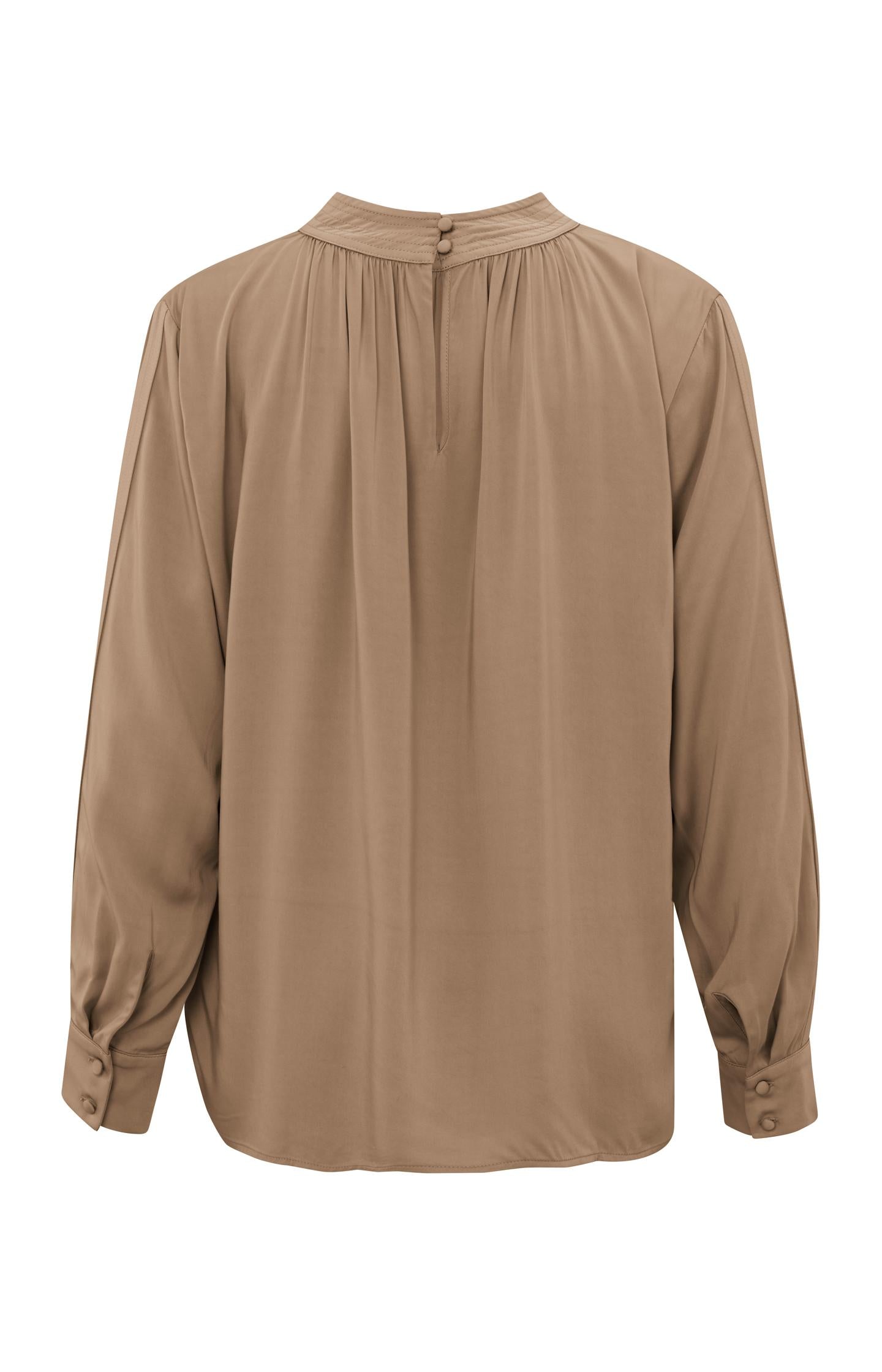 Satin blouse with long sleeves, pleat detail and high neck