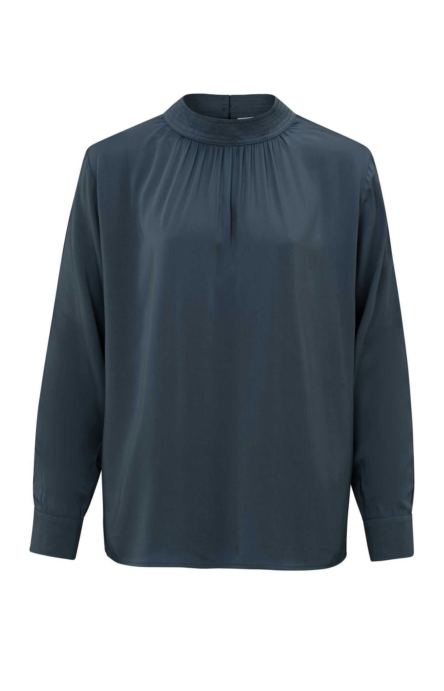 Satin blouse with long sleeves, pleat detail and high neck - Type: product