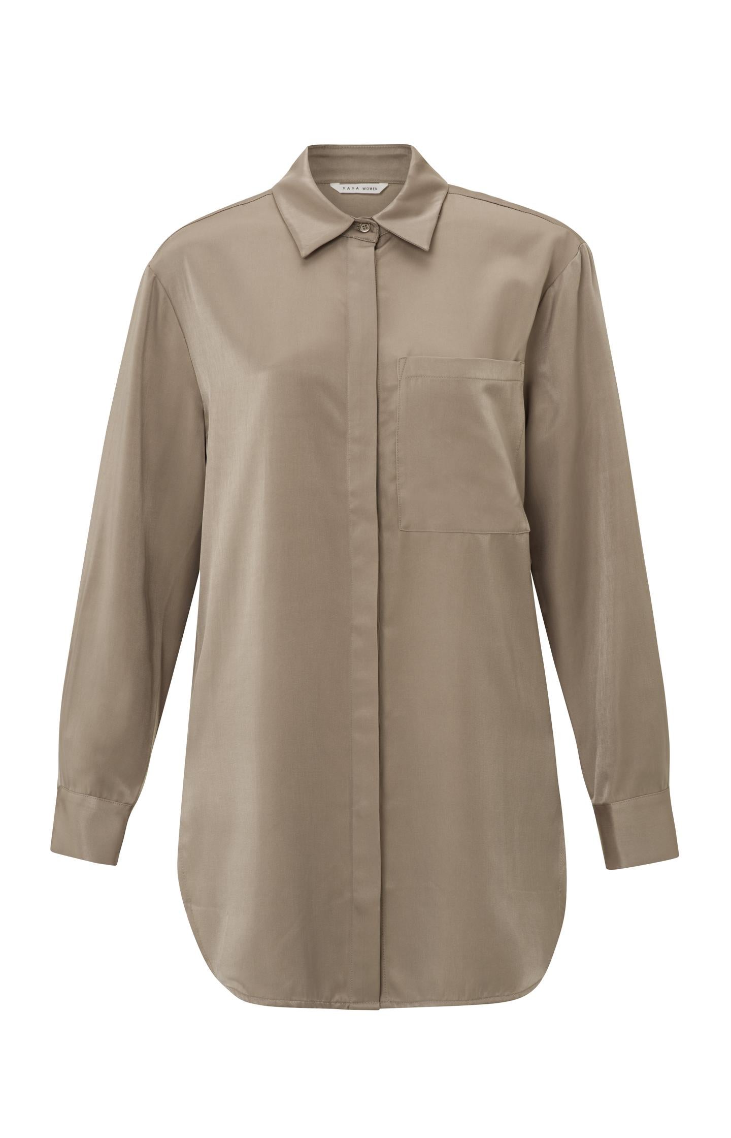 Satin blouse with long sleeves, pocket and button placket - Type: product