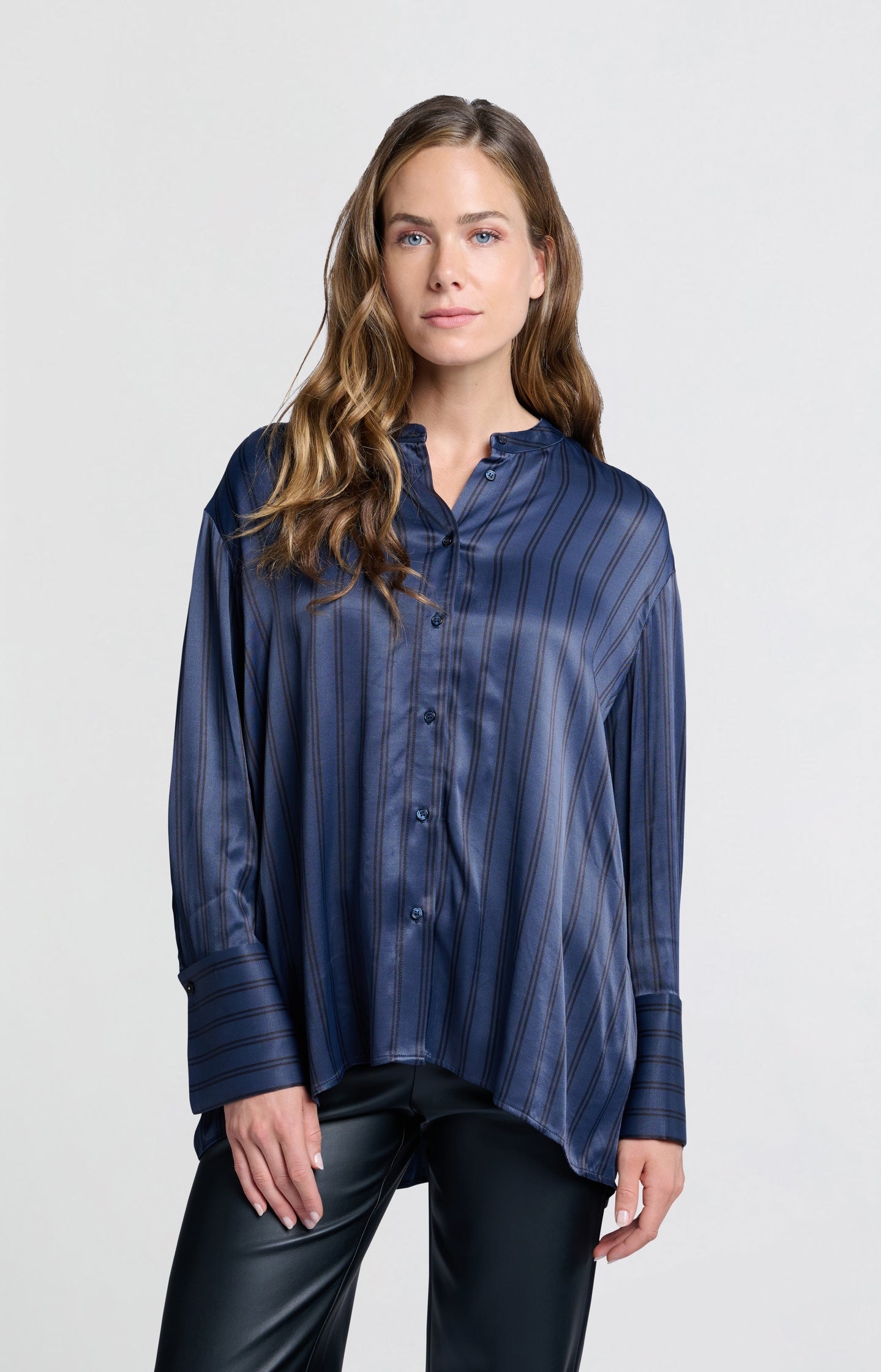 Satin blouse with stripes and high round collar - Type: lookbook