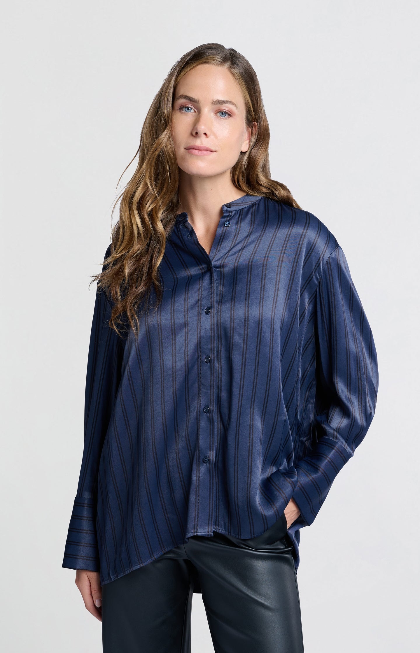 Satin blouse with stripes and high round collar