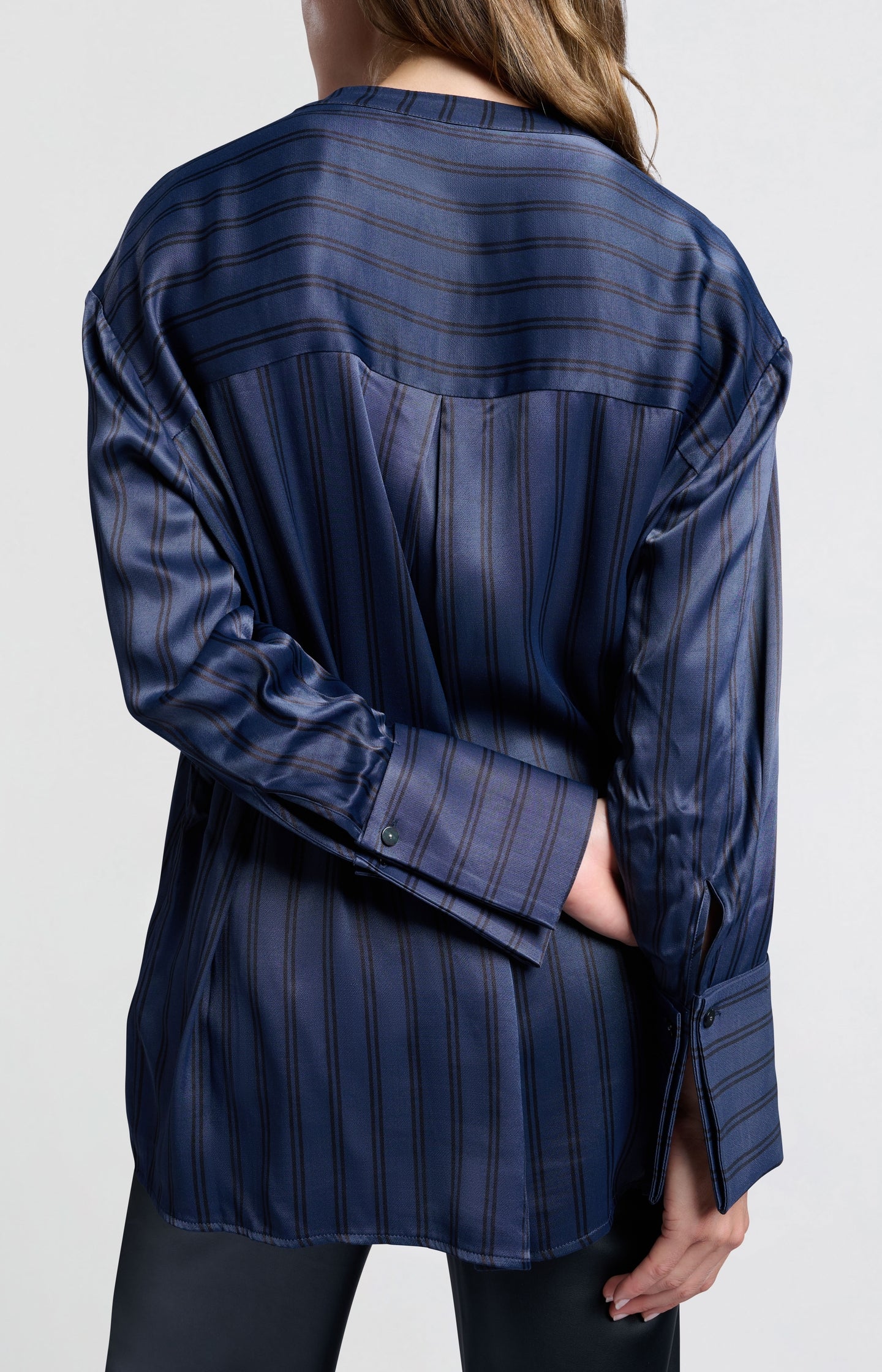 Satin blouse with stripes and high round collar