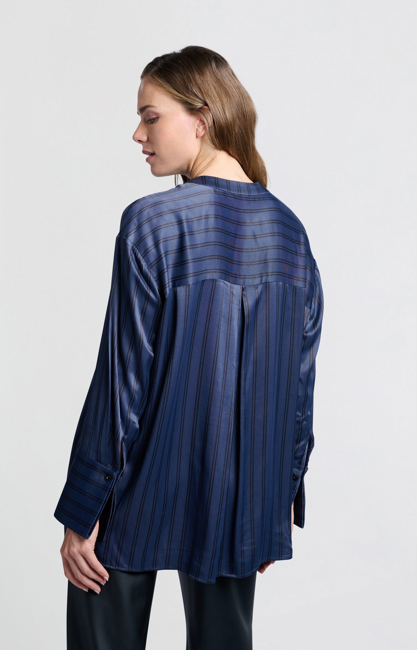 Satin blouse with stripes and high round collar