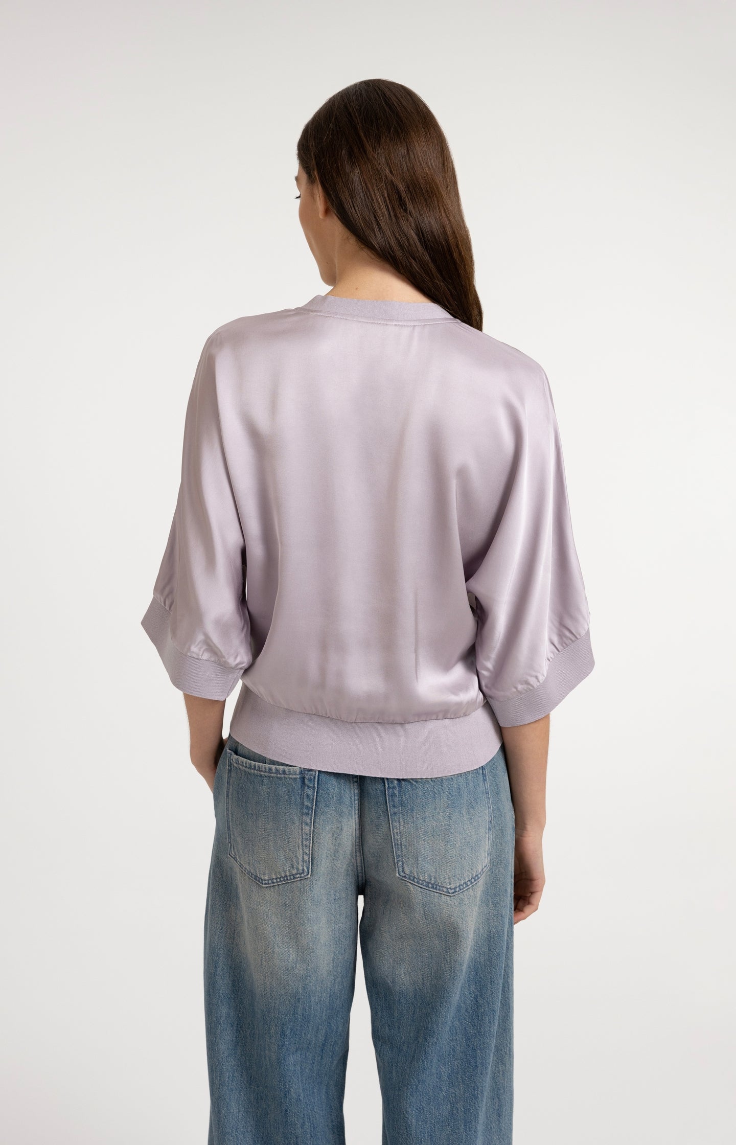 Satin cardigan with ribbed trims and wide sleeves
