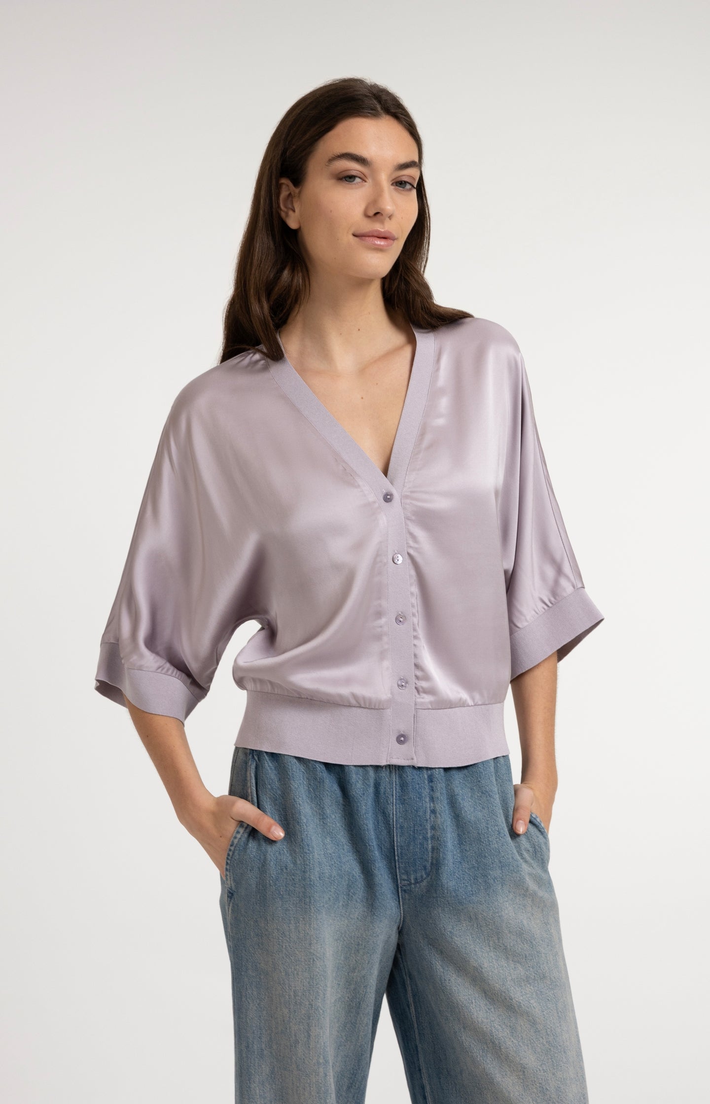 Satin cardigan with ribbed trims and wide sleeves