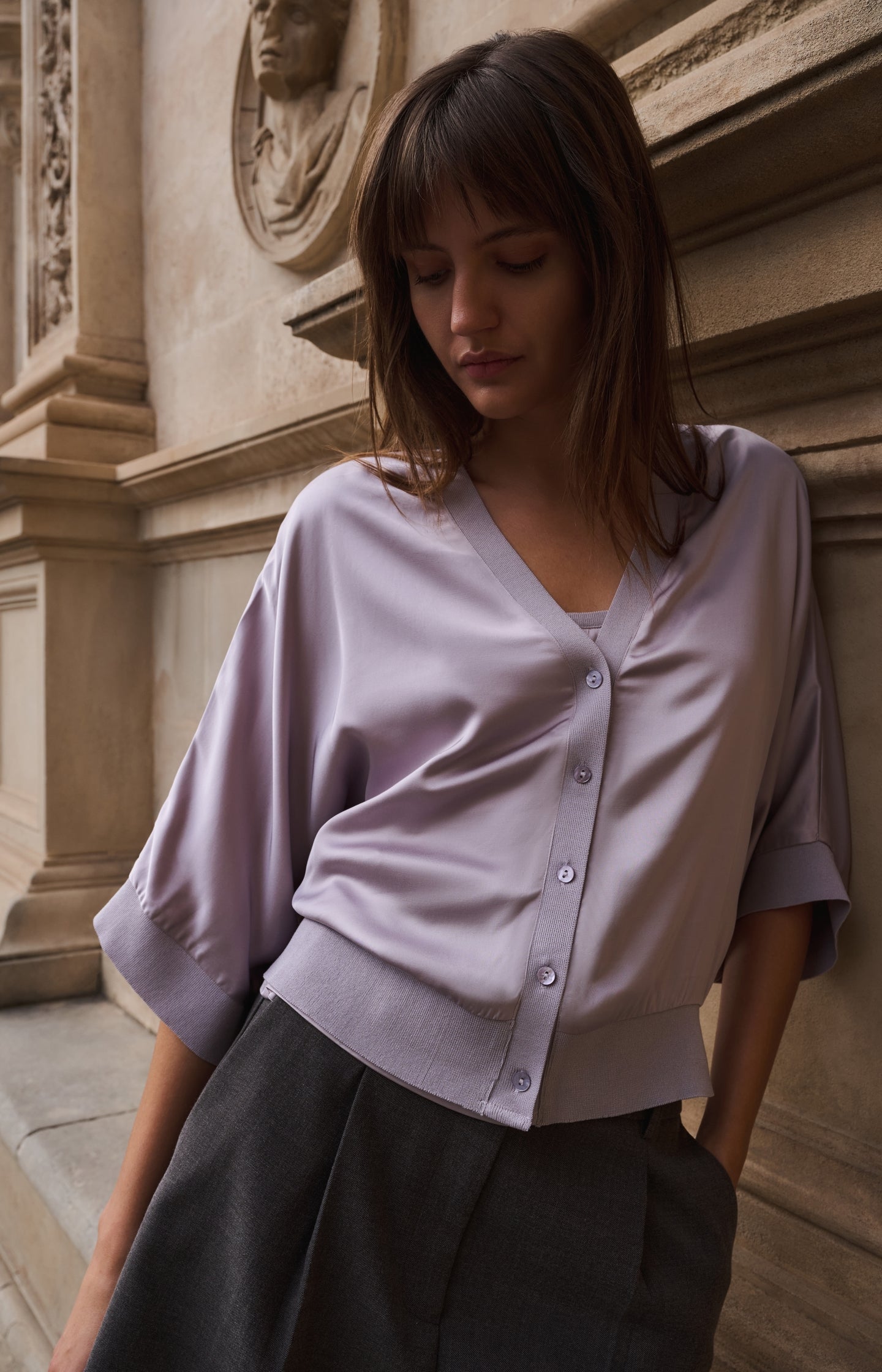 Satin cardigan with ribbed trims and wide sleeves