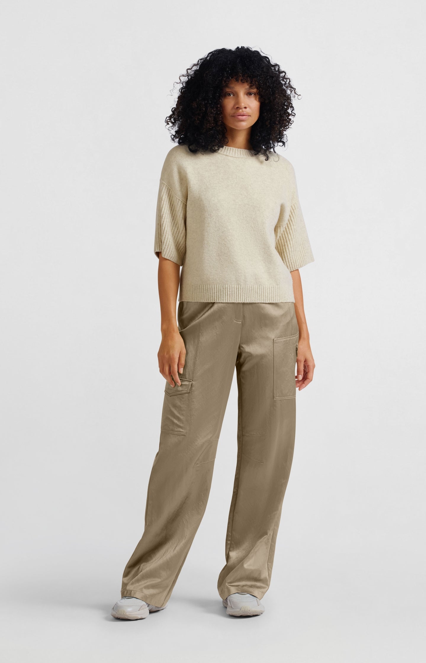 Satin cargo trousers with wide legs and pocket details