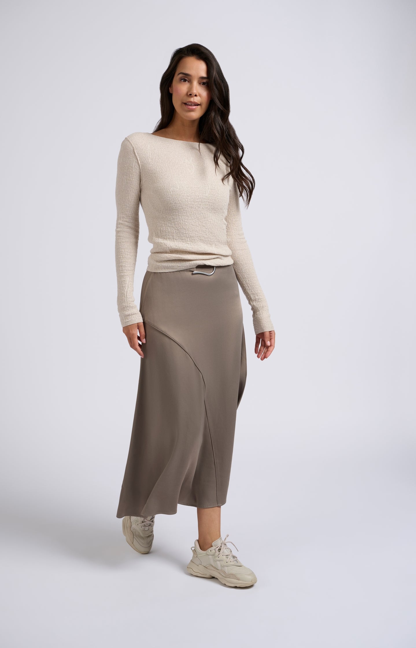 Satin midi A-line skirt with subtle asymmetric seam and belt