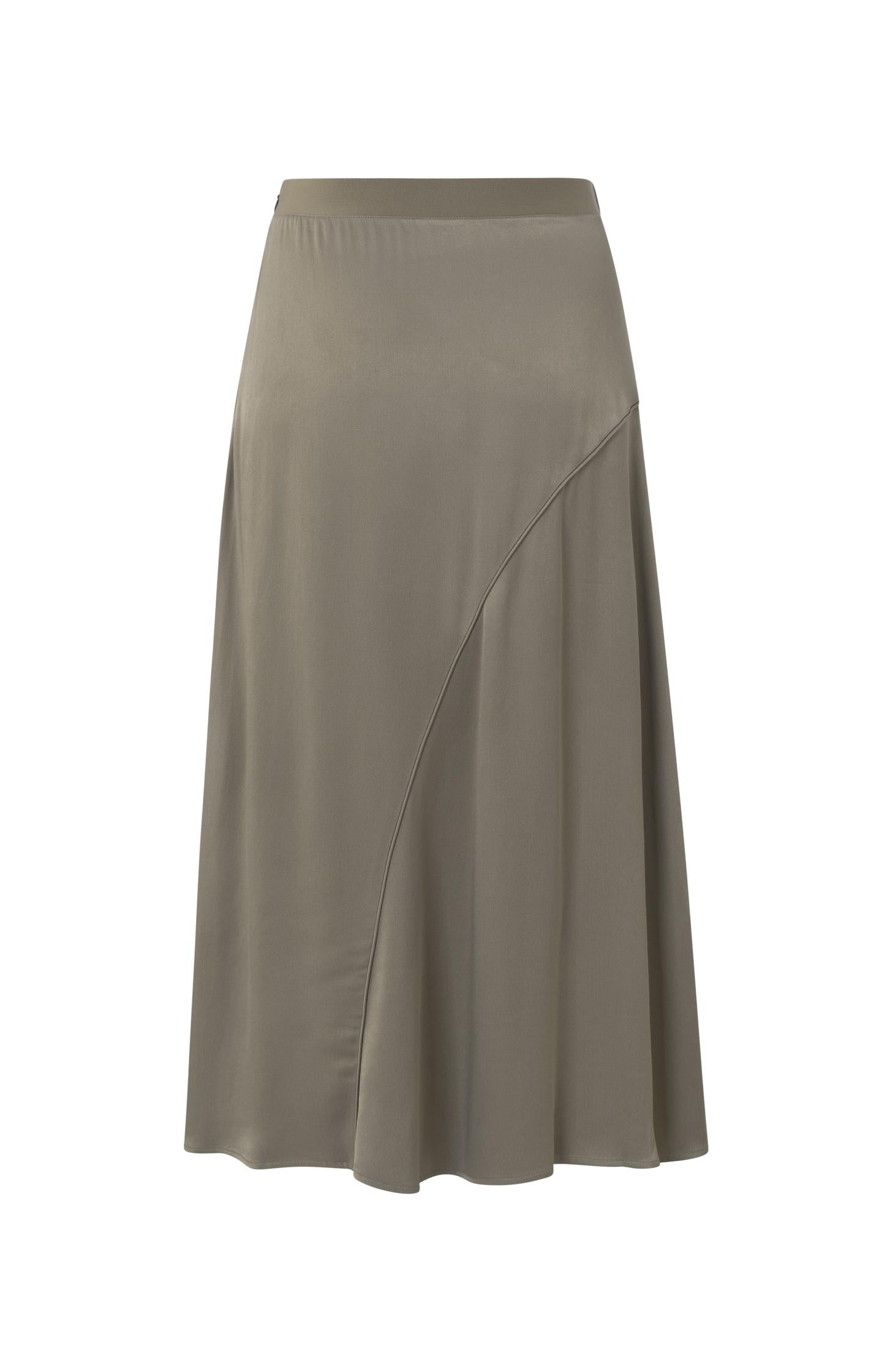 Satin midi A-line skirt with subtle asymmetric seam and belt