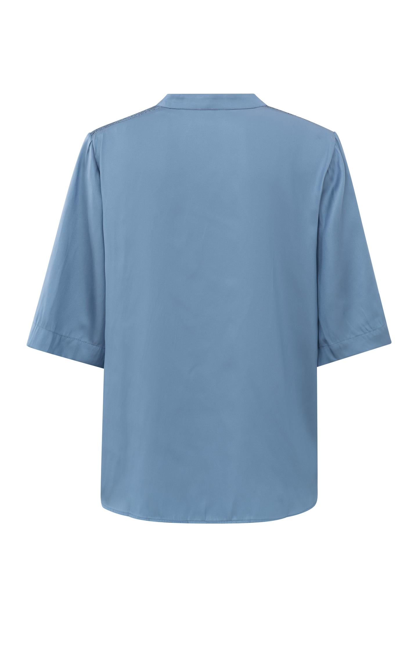 Satin top with V-neck, half long sleeves and shoulder detail