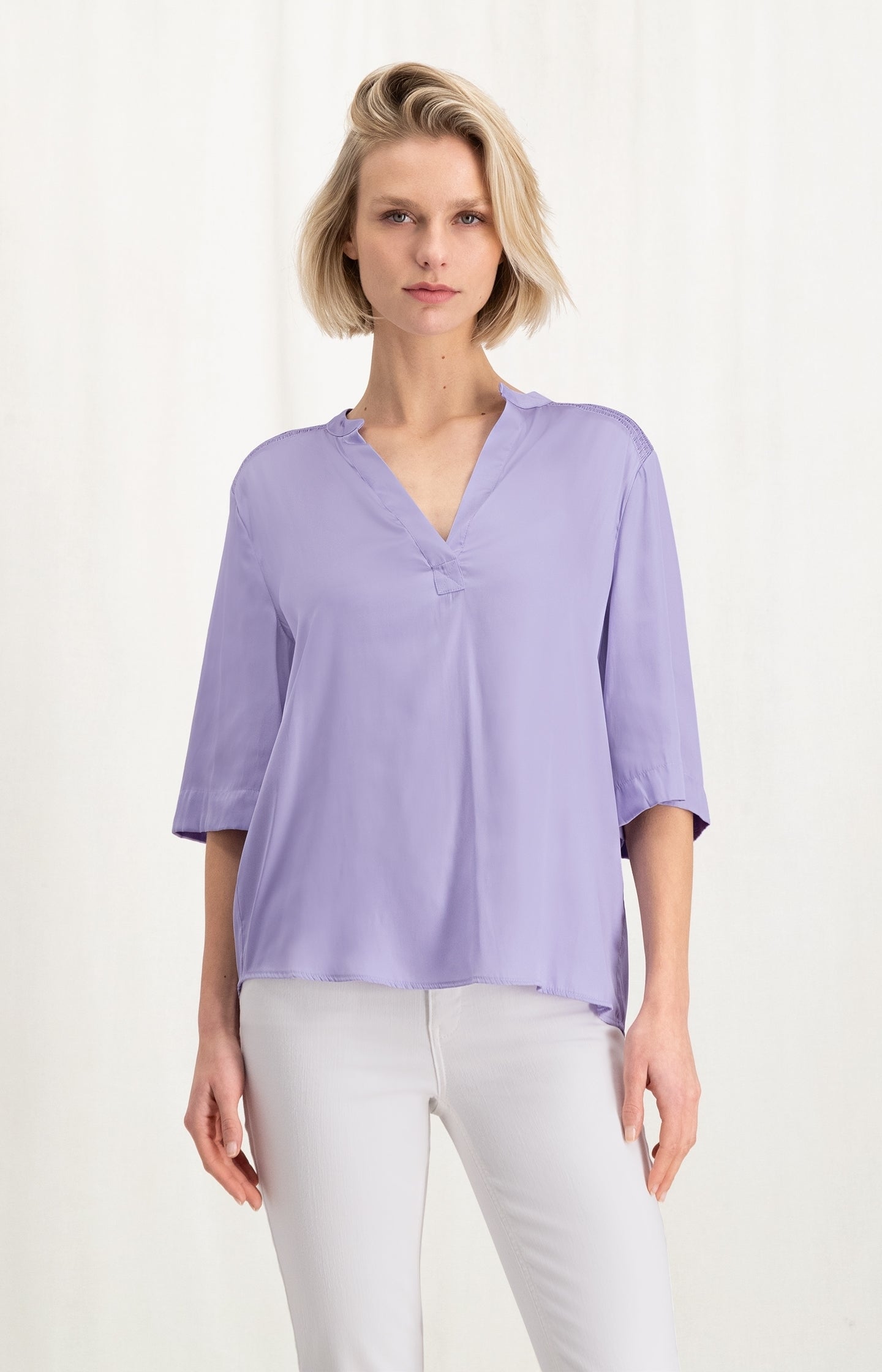 Satin top with V-neck, half long sleeves and shoulder detail - Type: lookbook