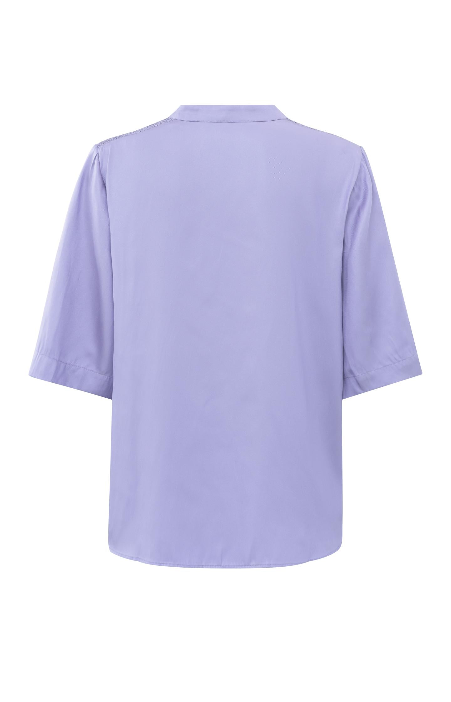 Satin top with V-neck, half long sleeves and shoulder detail