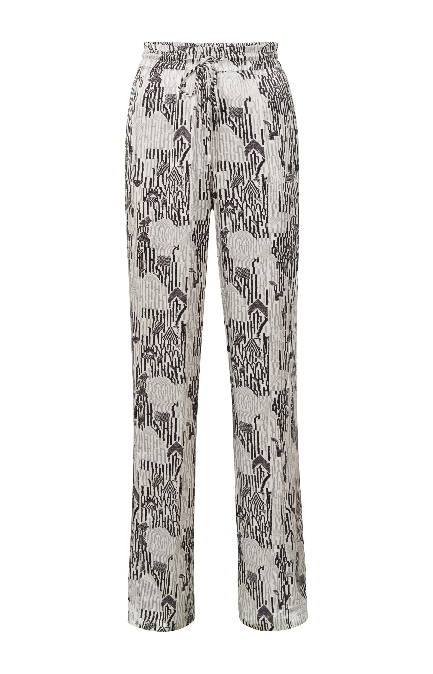 Satin woven trousers with wide leg, drawstring and print - Moonstruck Grey Dessin - Type: product