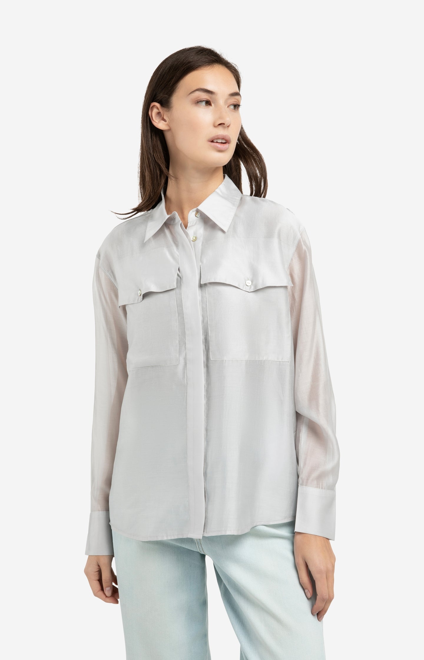 Sheer blouse with chest pockets