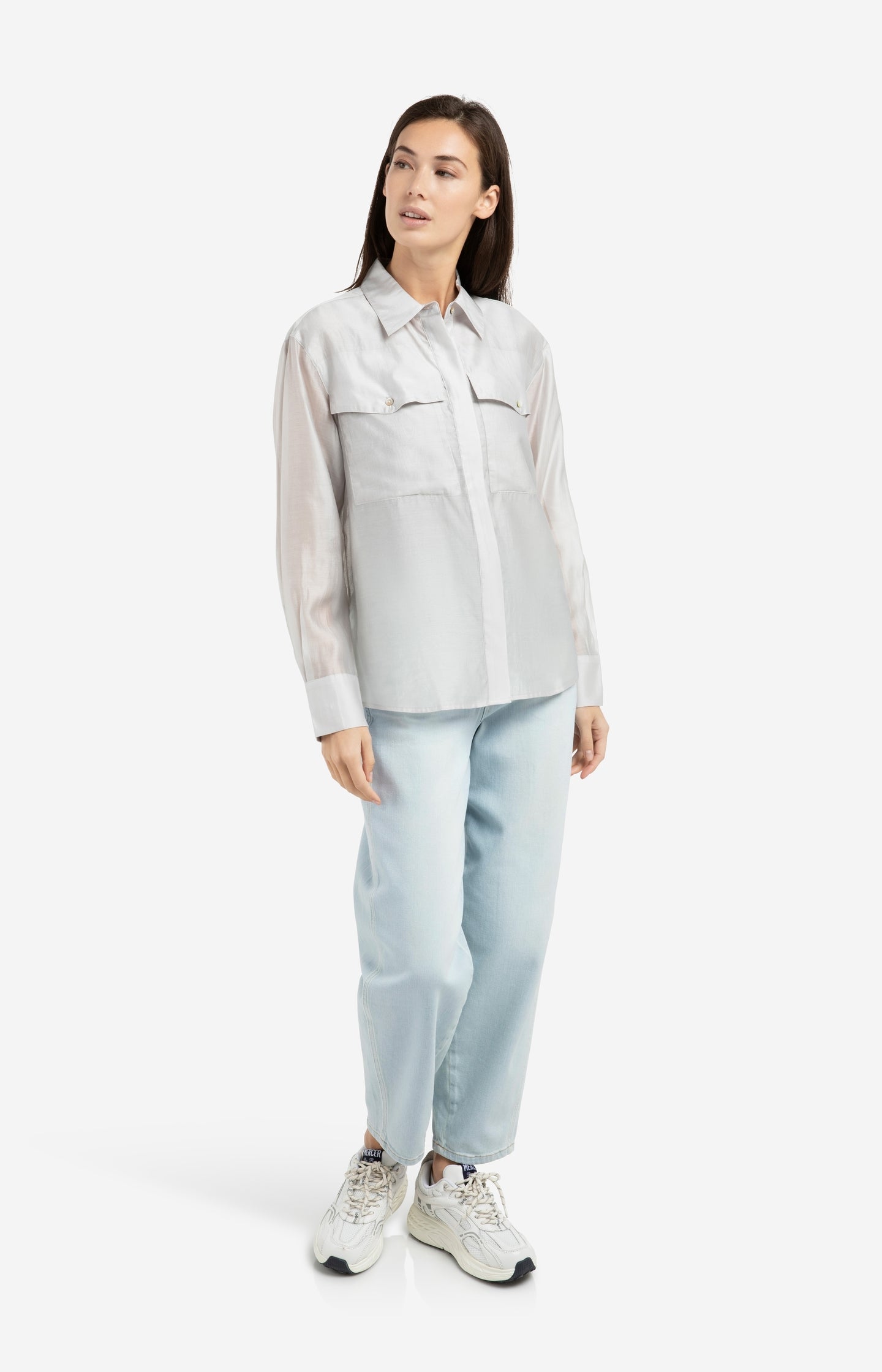 Sheer blouse with chest pockets