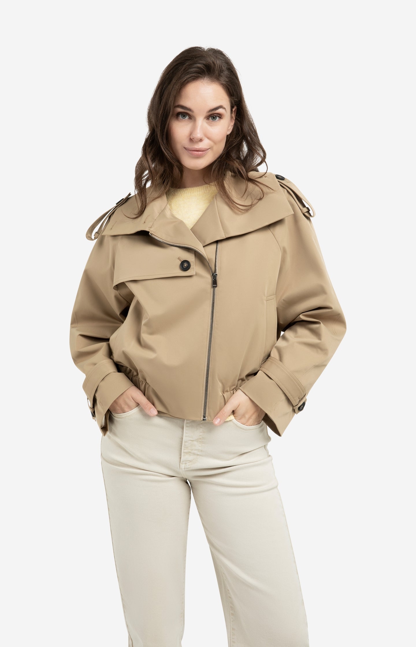 Short bomber jacket with trench details