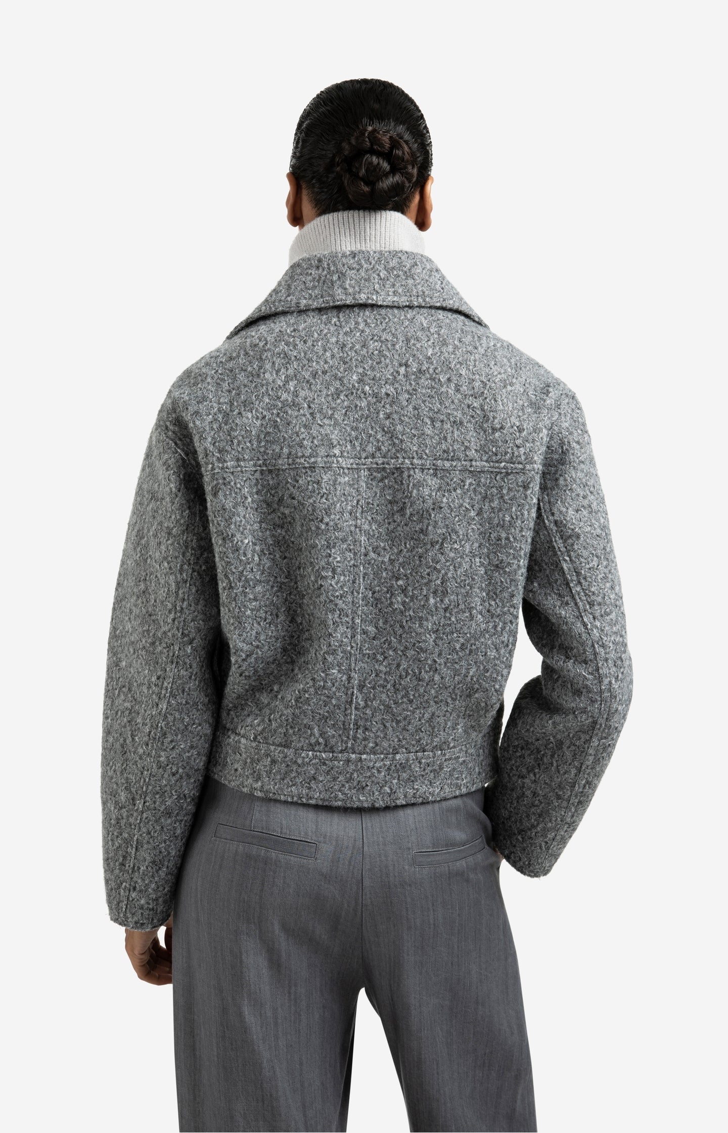 Short bouclé jacket with zip and stand-up collar