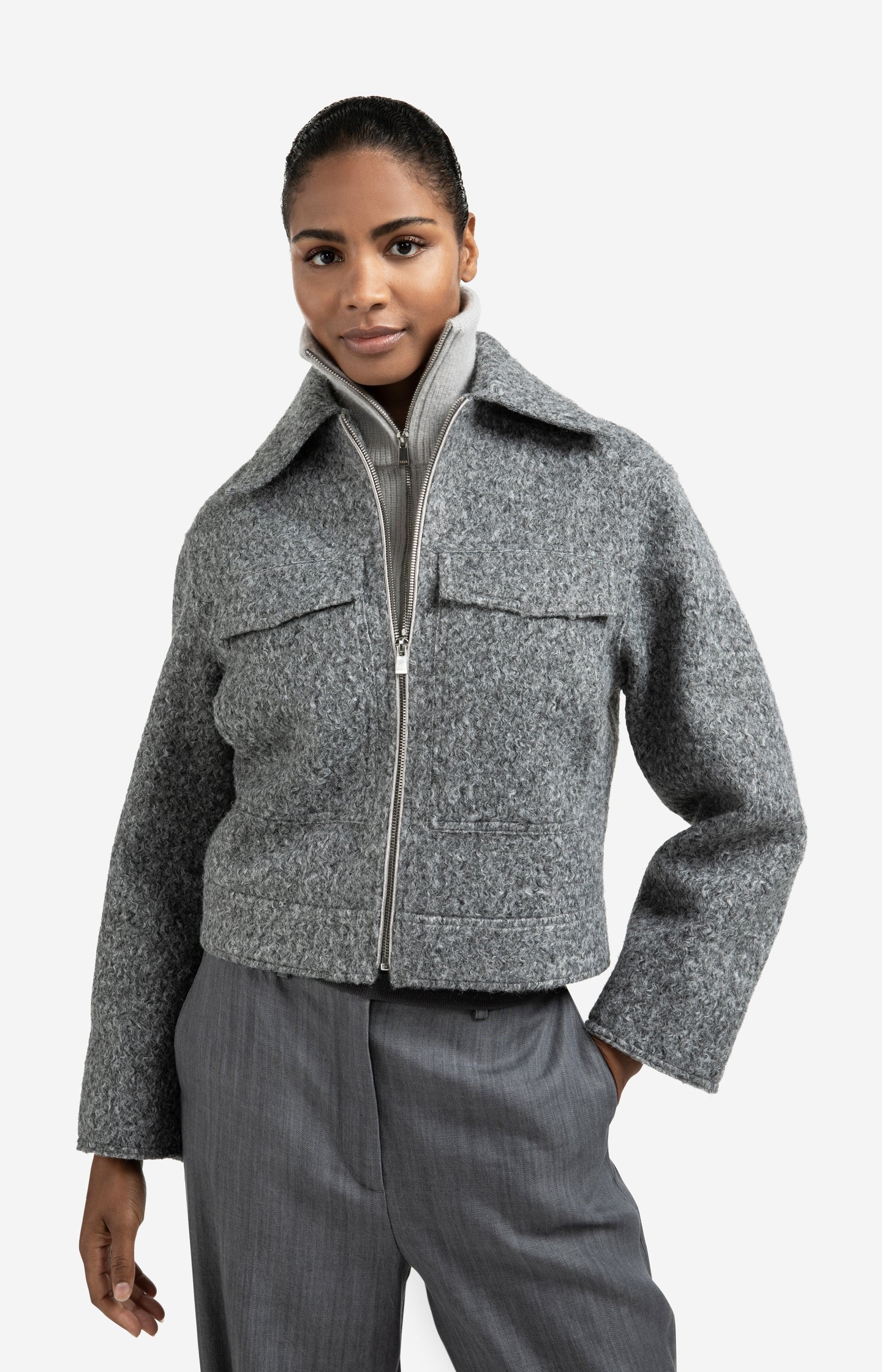 Short bouclé jacket with zip and stand-up collar