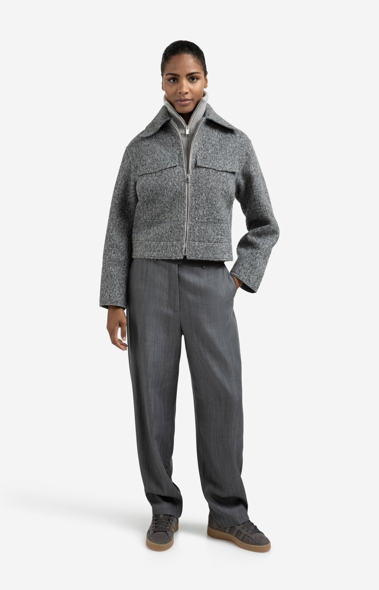 Short bouclé jacket with zip and stand-up collar