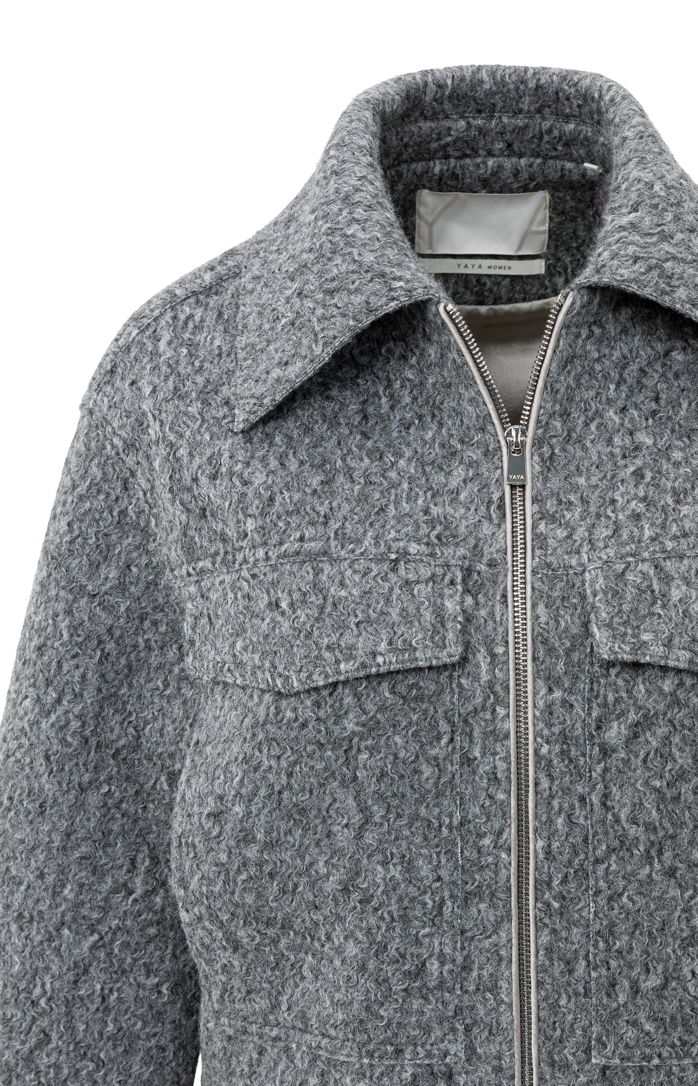 Short bouclé jacket with zip and stand-up collar