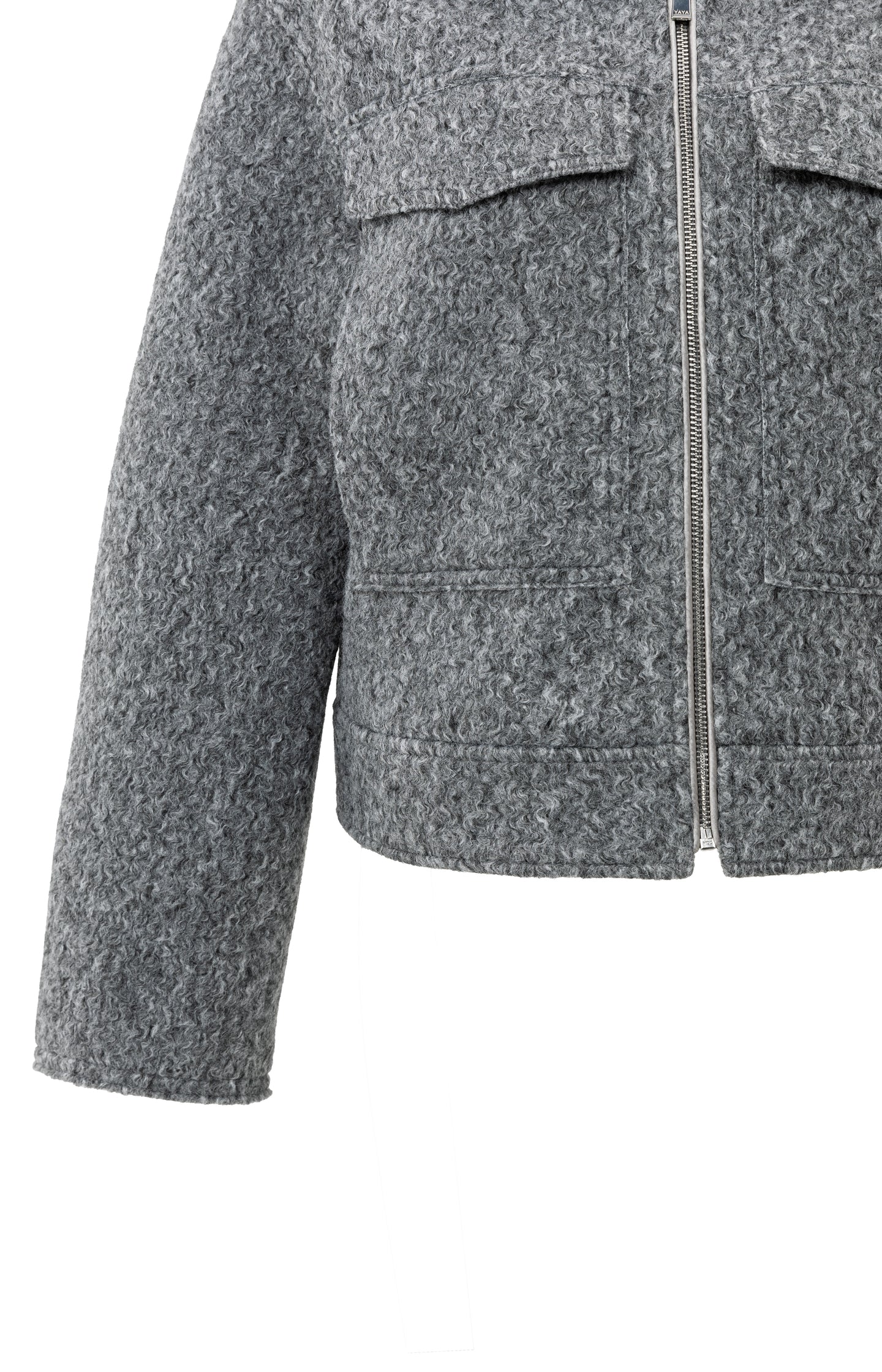 Short bouclé jacket with zip and stand-up collar