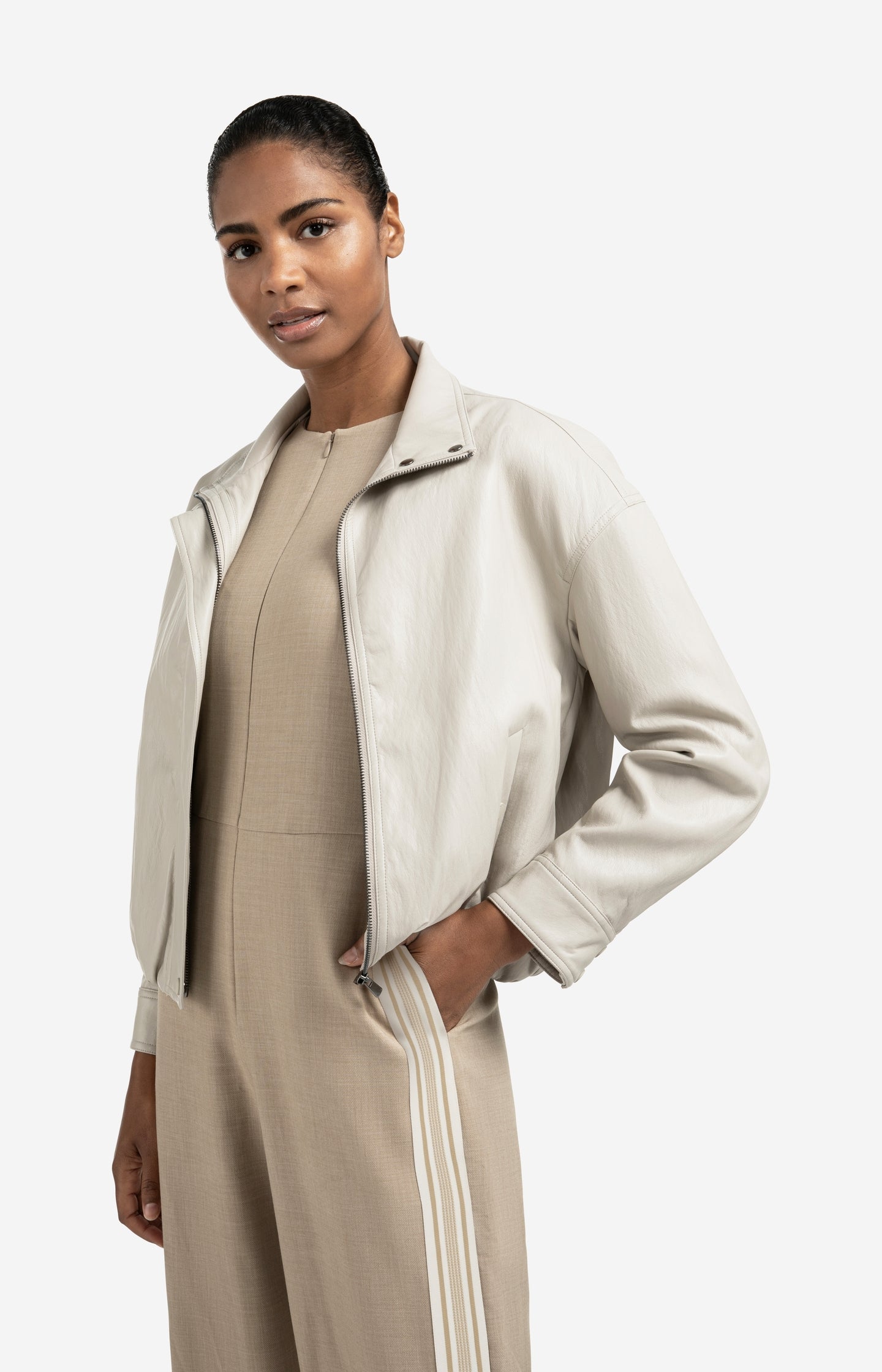 Short faux leather jacket with elastic hem - Type: lookbook
