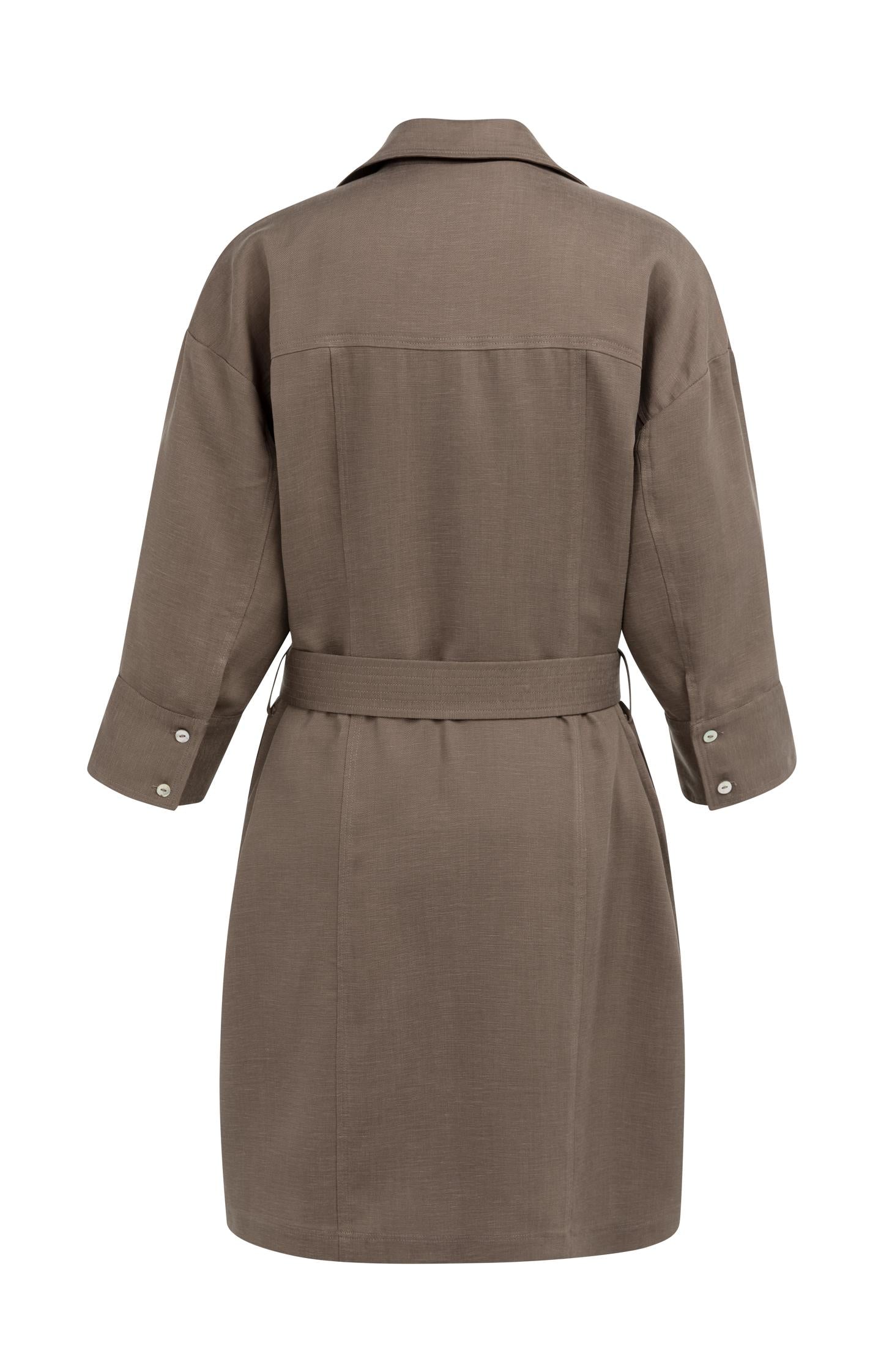 Short linen dress with belt and chest pockets