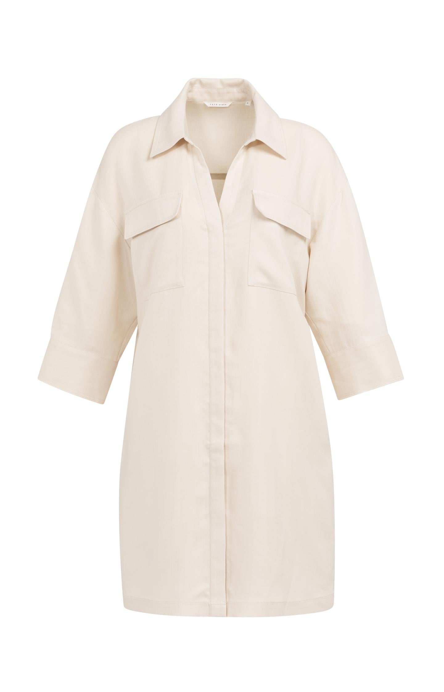 Short linen dress with belt and chest pockets