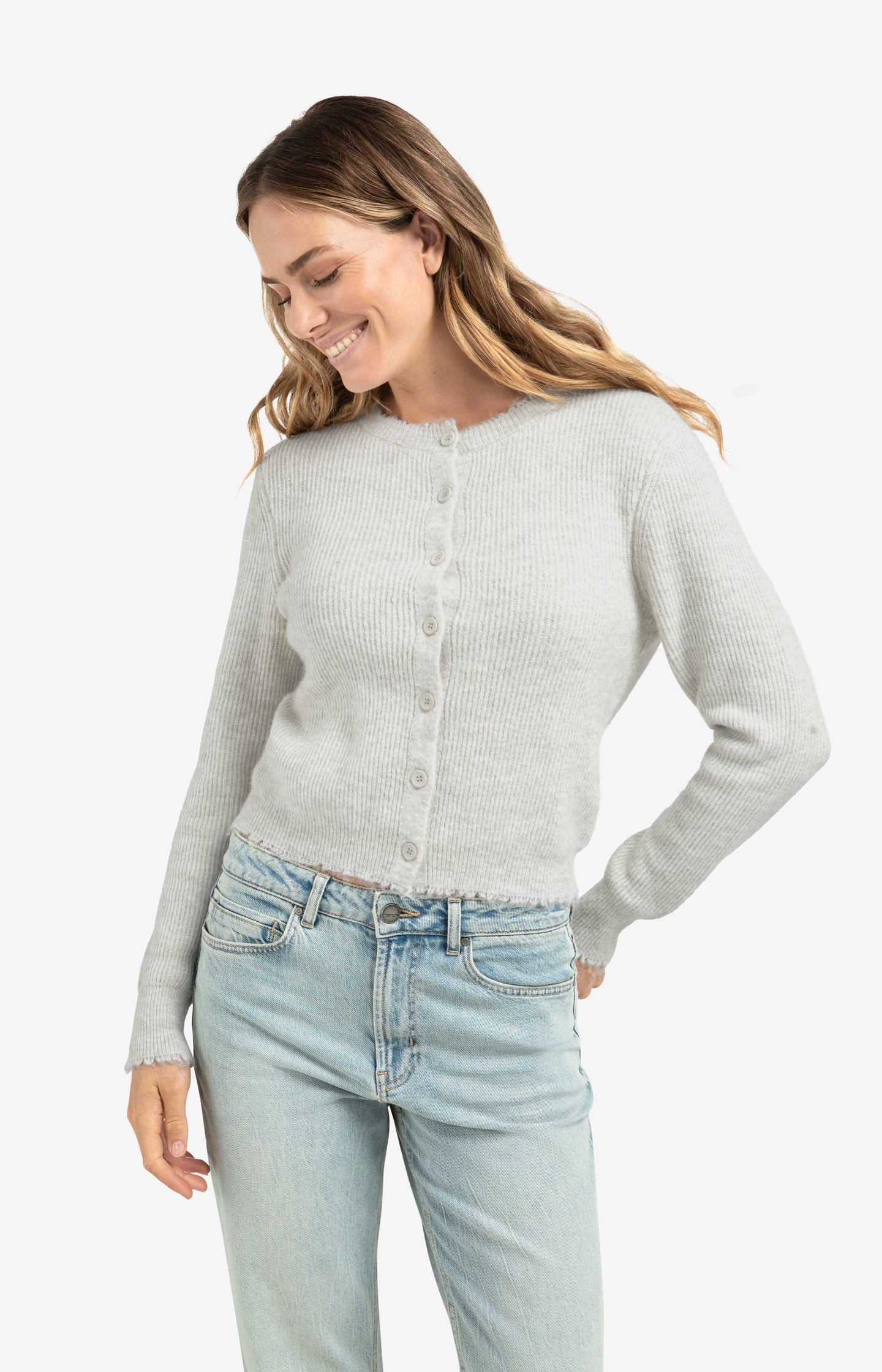 Short melange cardigan with refined trim details - Type: lookbook
