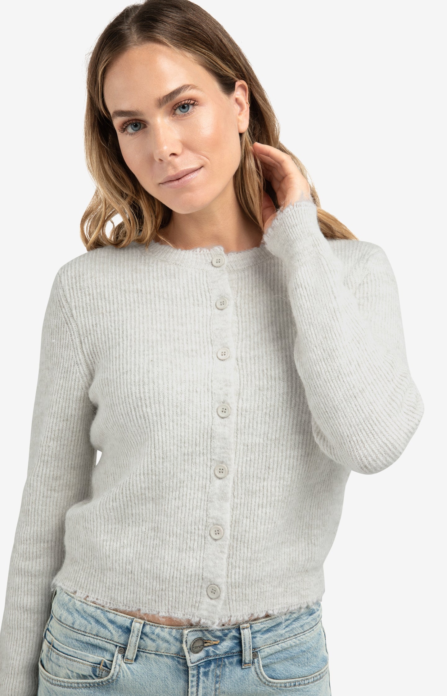 Short melange cardigan with refined trim details