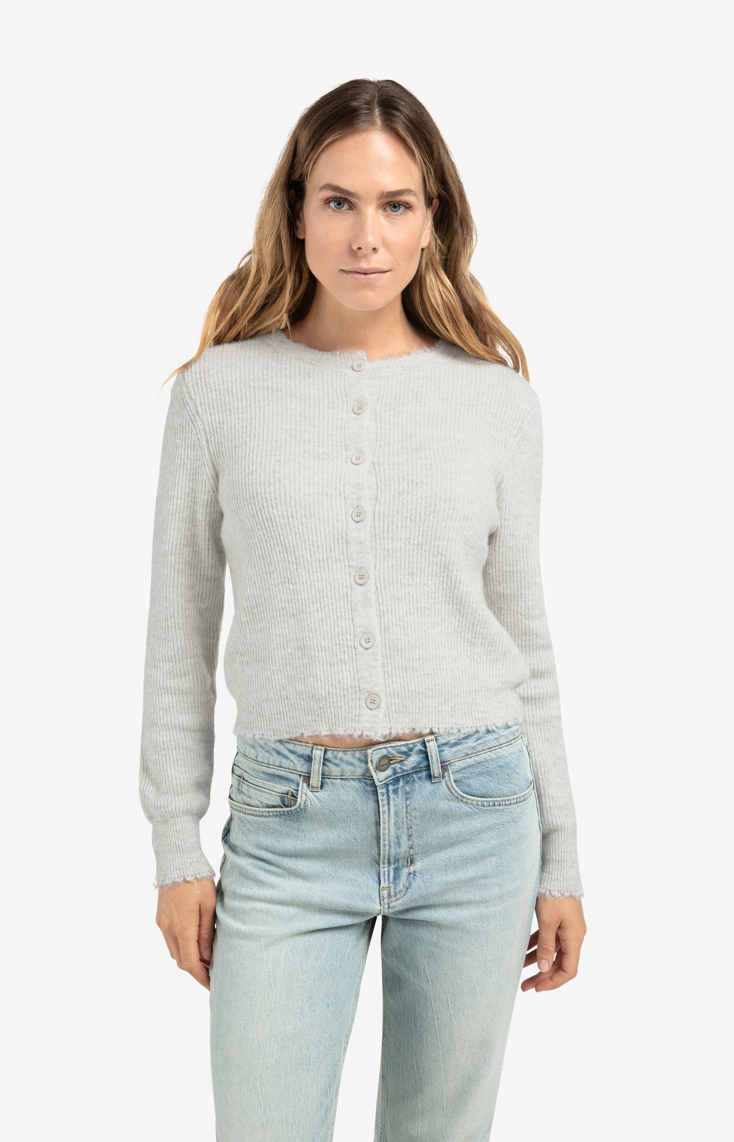 Short melange cardigan with refined trim details