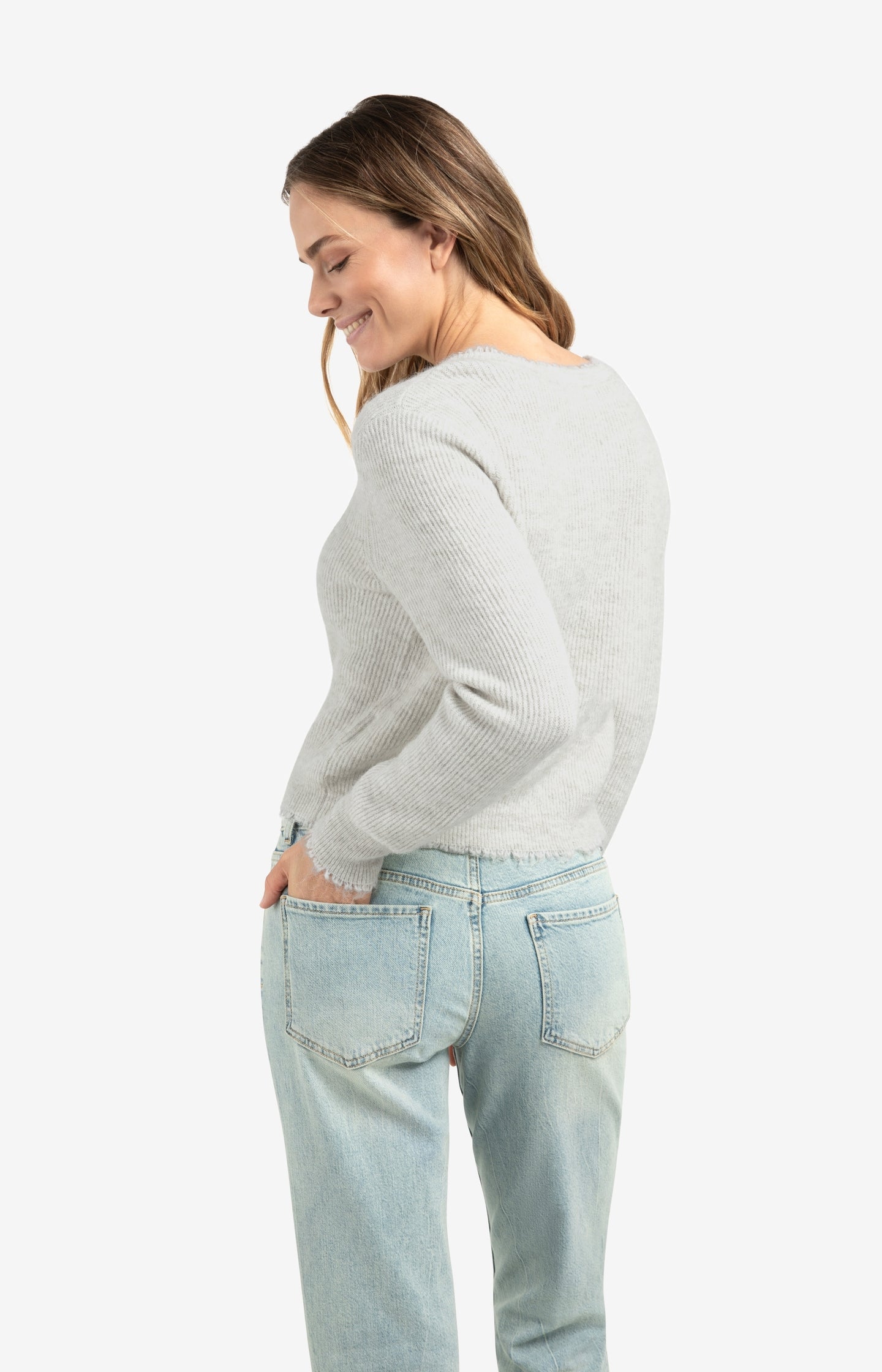 Short melange cardigan with refined trim details